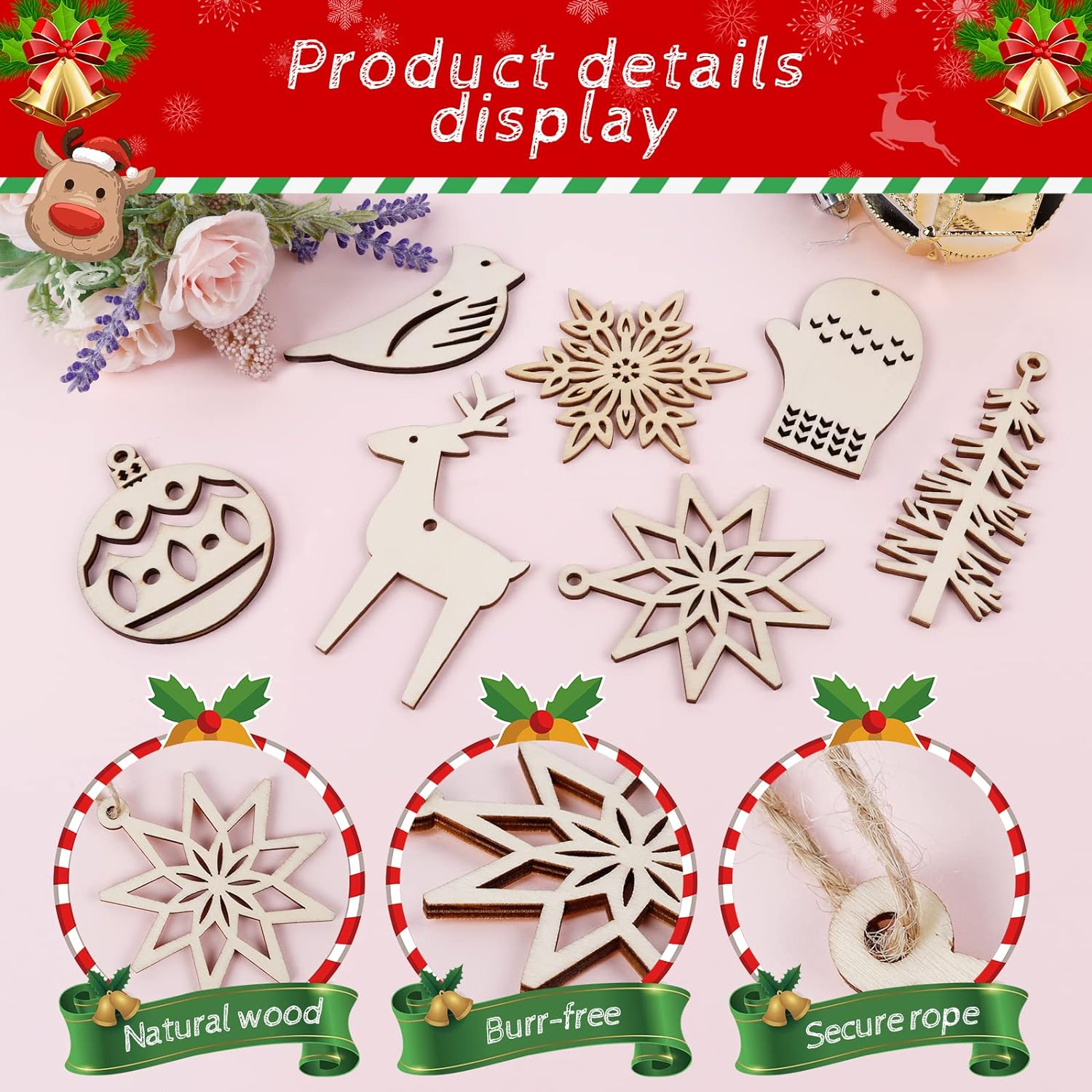 Wooden Christmas Ornaments for Craft, Xmas Tree Hanging Tags Pendant Embellishments Crafts Decor for Christmas Tree Holiday Decorations Wedding Day Gift, Pack of 16