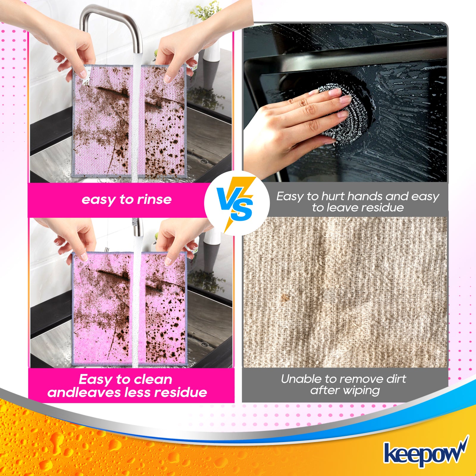 Keepow Double Layer Coconut Shell Silver Wire Mesh Knit Cleaning Cloth (4 pink + 4 gray + 4 yellow) 25*25cm