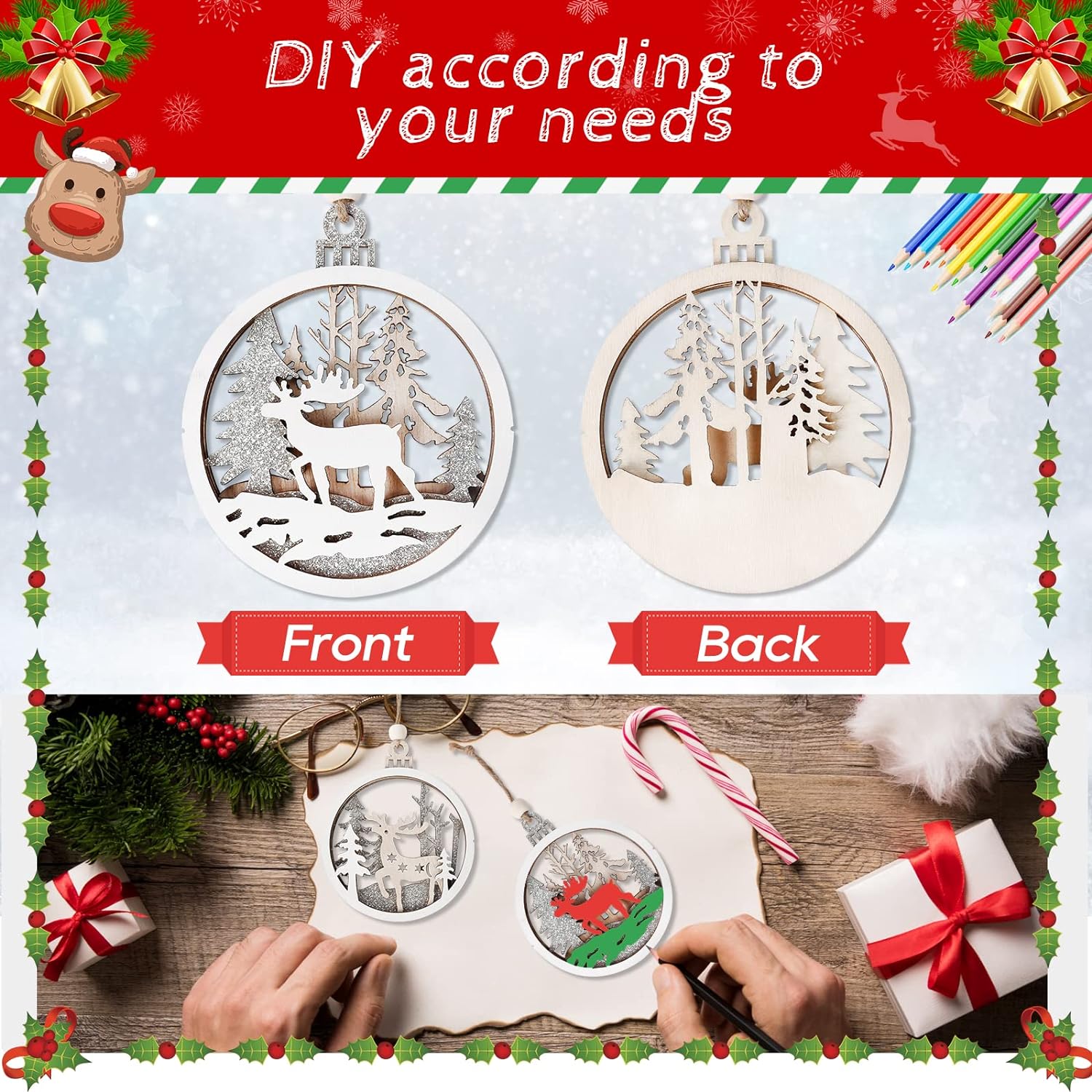 Wooden Christmas Ornaments, Christmas Tree Hanging Decoration Wooden Cutouts, Paintable Hanging Home Holiday Christmas Ornaments with String, 9 Styles (Round Christmas Ornaments)