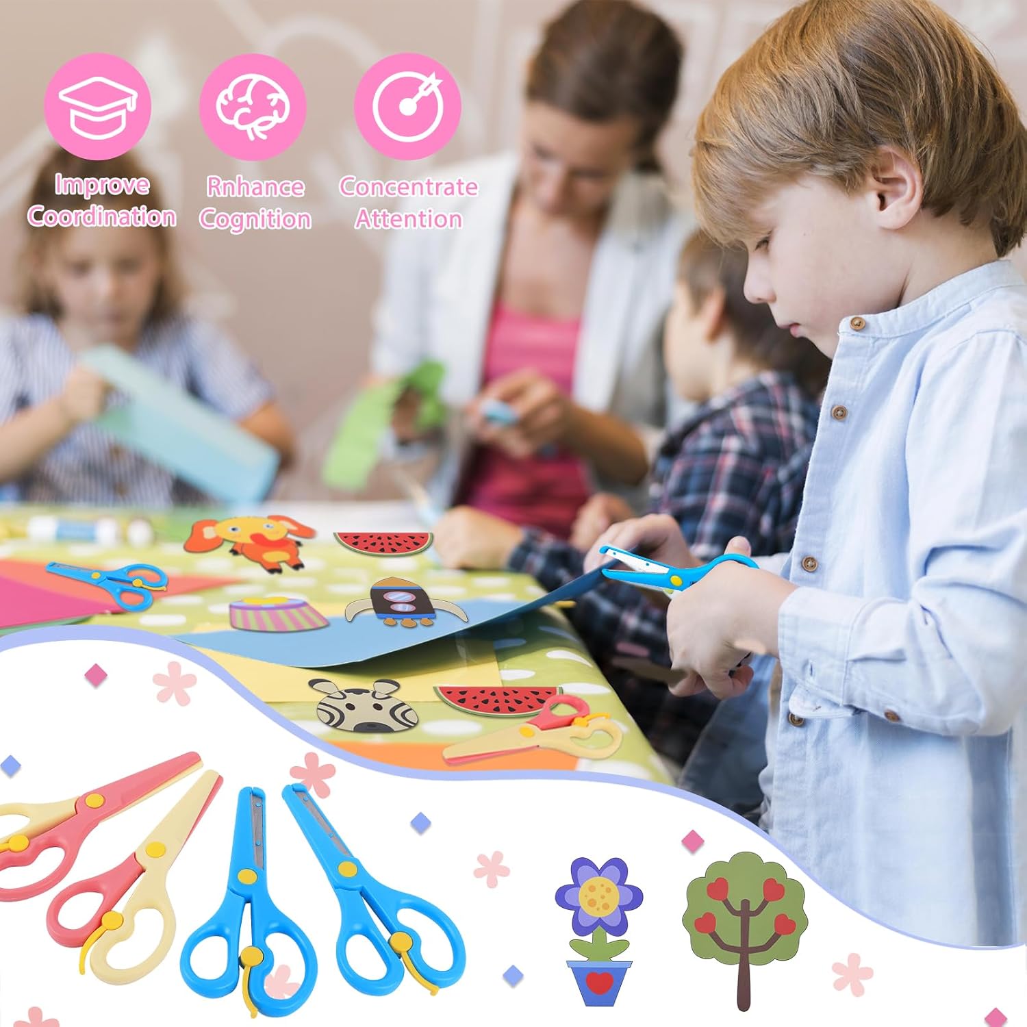 Easter Toddler Scissors 100 Paper Cutting+2 Plastic Scissors Safety Scissors Craft Set for Kids