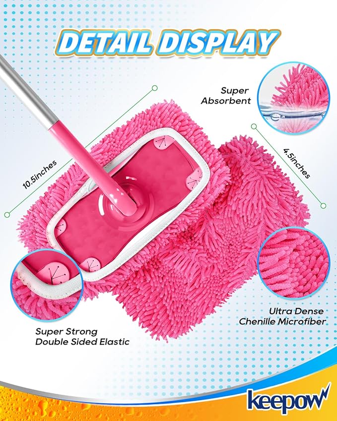 KEEPOW Microfiber Chenilles Pads for 10-12 Inches Flat Mop 6 Pcs Pink