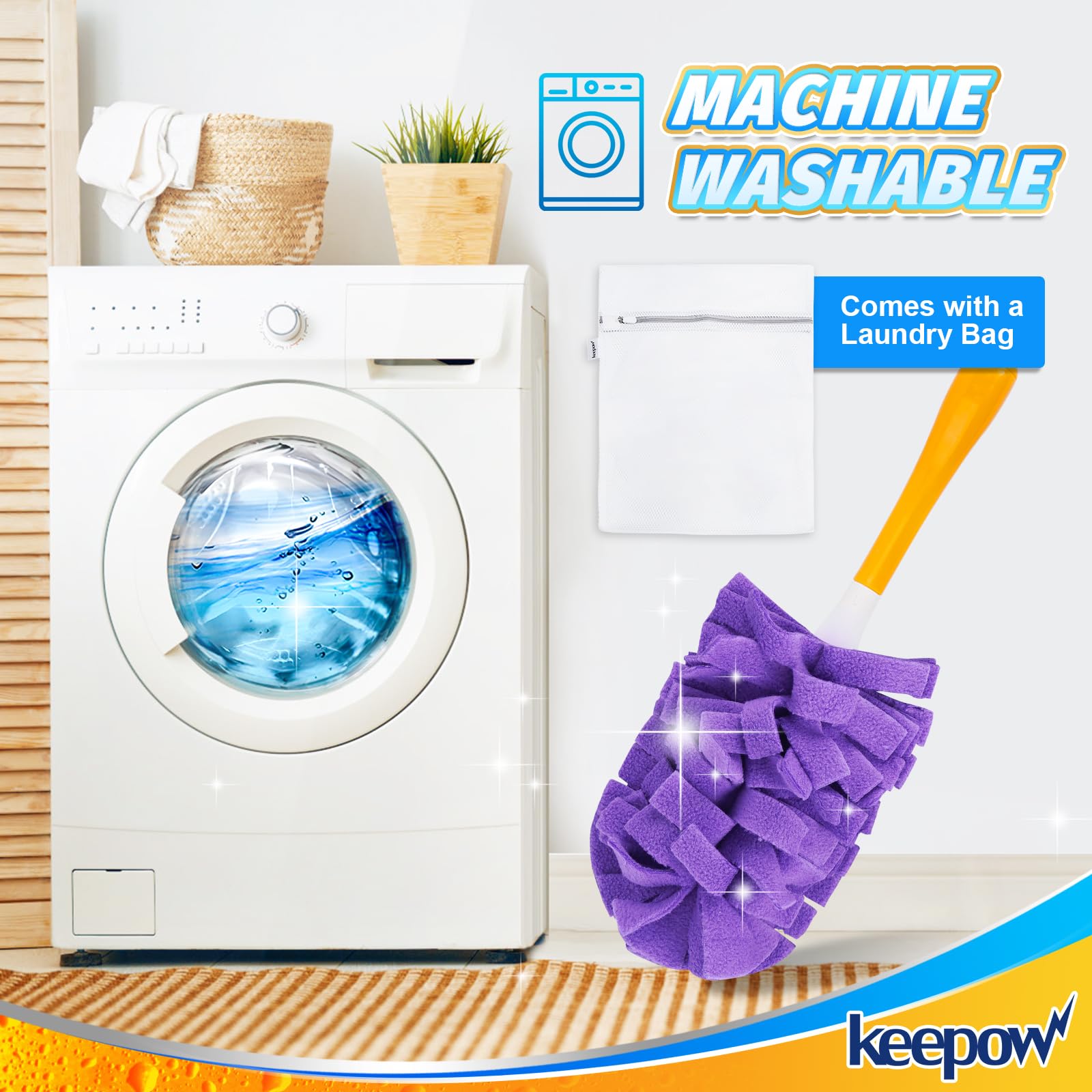 KEEPOW Reusable Duster 360 Degree Heavy Dust Refills With Washing Bag For Cleaning, 6 pack with handle