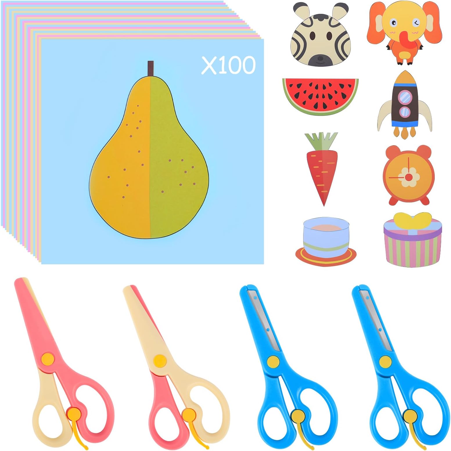 Easter Toddler Scissors 100 Paper Cutting+2 Plastic Scissors Safety Scissors Craft Set for Kids
