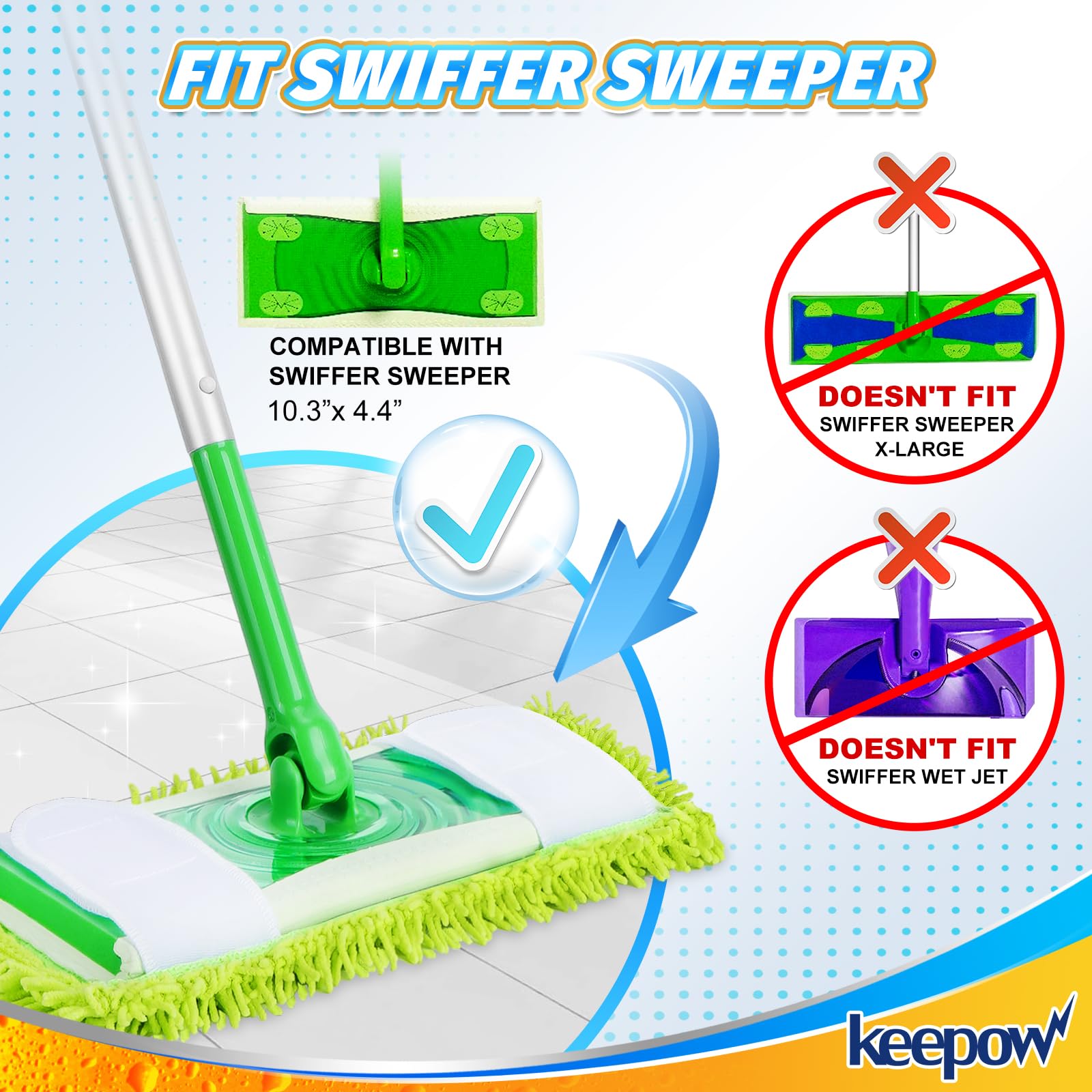 KEEPOW Reusable Microfiber Mop Pads Compatible with Swiffer Sweeper Mop, Washable Wet Mop Refills for Hardwood Floor Cleaning, 4 Pack (Mop is Not Included)