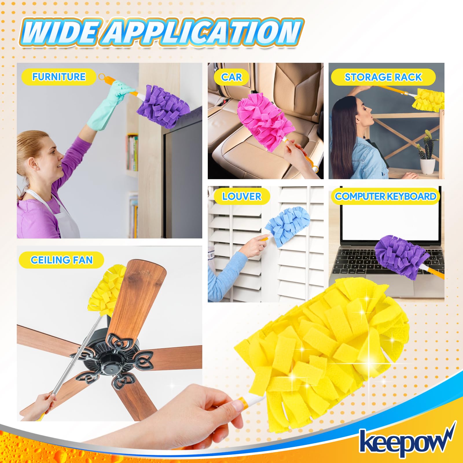 KEEPOW Reusable Duster 360 Degree Heavy Dust Refills With Washing Bag For Cleaning, 6 pack with handle