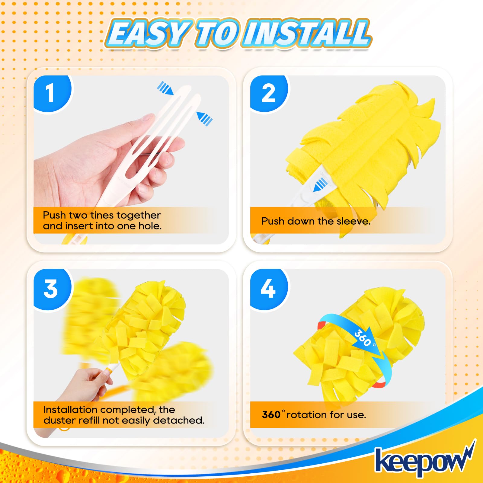 KEEPOW Reusable Duster 360 Degree Heavy Dust Refills With Washing Bag For Cleaning, 6 pack with handle