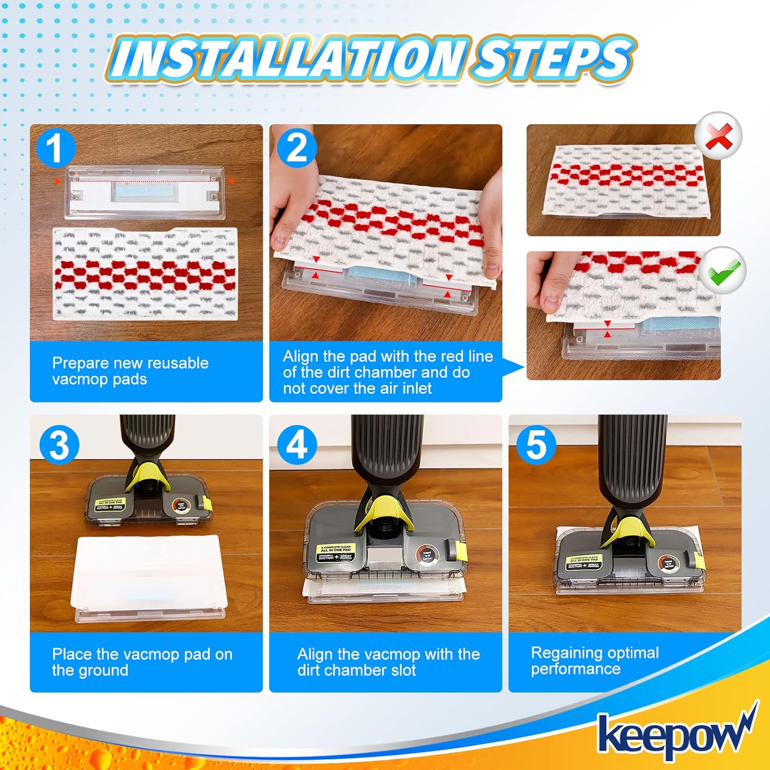 KEEPOW 5336M Reusable Vacmop Replacement Pads Refills Red For Shark, 4 Pack