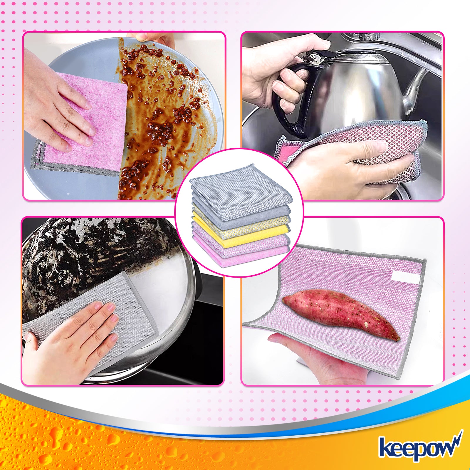 Keepow Double Layer Coconut Shell Silver Wire Mesh Knit Cleaning Cloth (4 pink + 4 gray + 4 yellow) 25*25cm