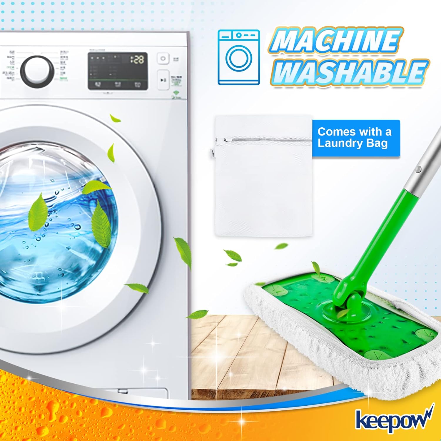 KEEPOW 5701M Panni riutilizzabili per mop, panni per pavimenti asciutti per Swiffer Sweeper Mop 3+3 pezzi(bianco + verde)