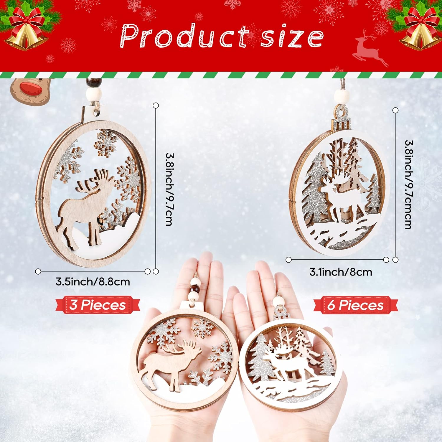 Wooden Christmas Ornaments, Christmas Tree Hanging Decoration Wooden Cutouts, Paintable Hanging Home Holiday Christmas Ornaments with String, 9 Styles (Round Christmas Ornaments)