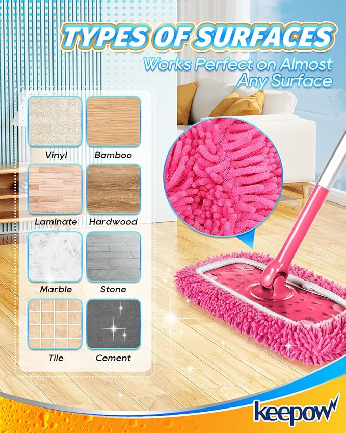 KEEPOW Microfiber Chenilles Pads for 10-12 Inches Flat Mop 6 Pcs Pink