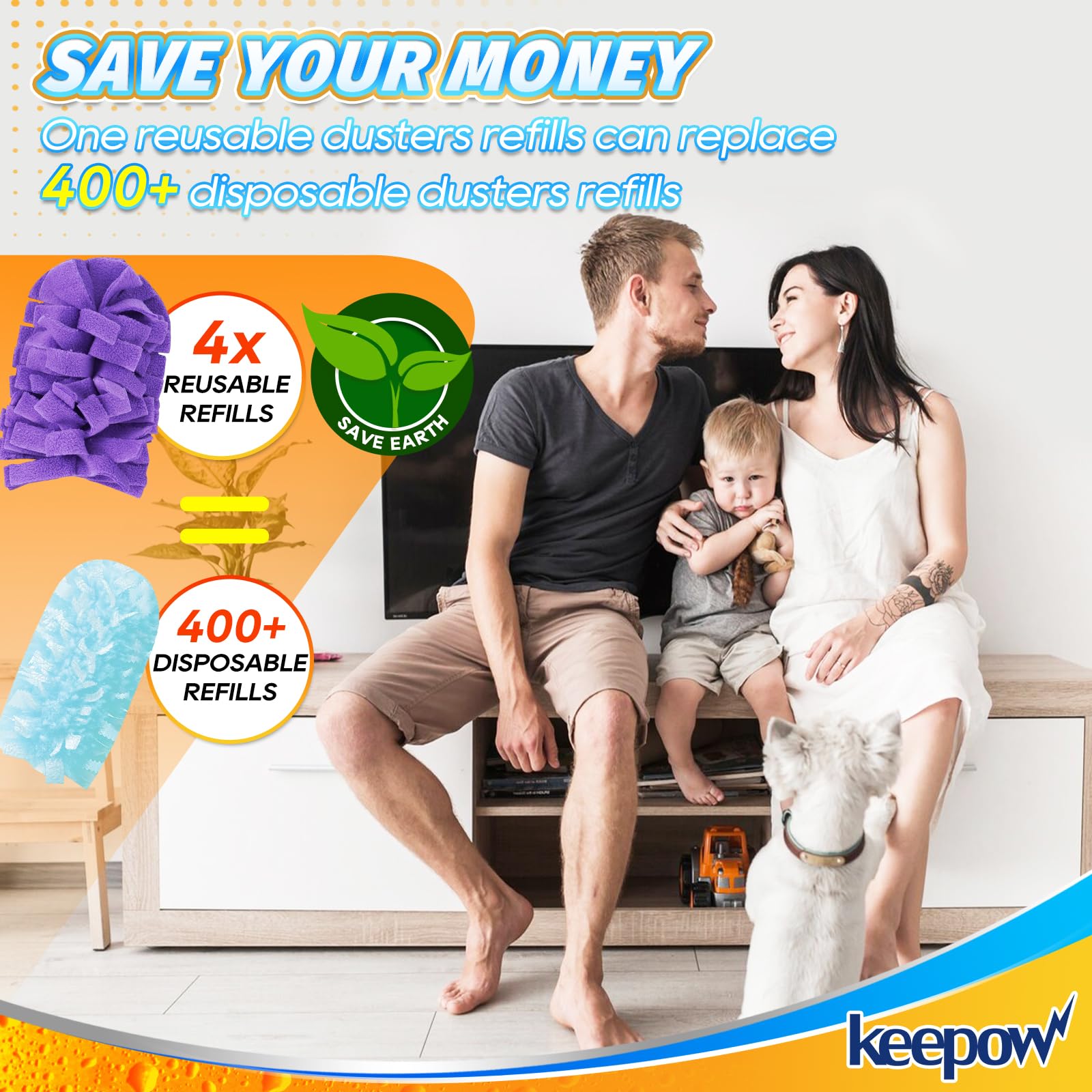 KEEPOW Reusable Duster 360 Degree Heavy Dust Refills With Washing Bag For Cleaning, 6 pack with handle