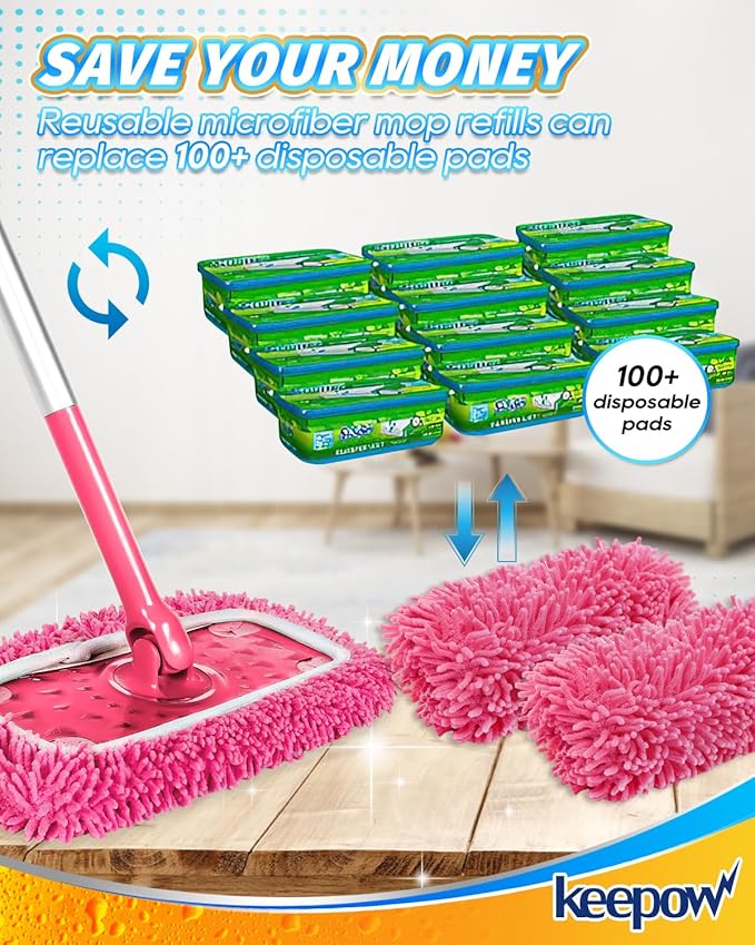KEEPOW Microfiber Chenilles Pads for 10-12 Inches Flat Mop 6 Pcs Pink