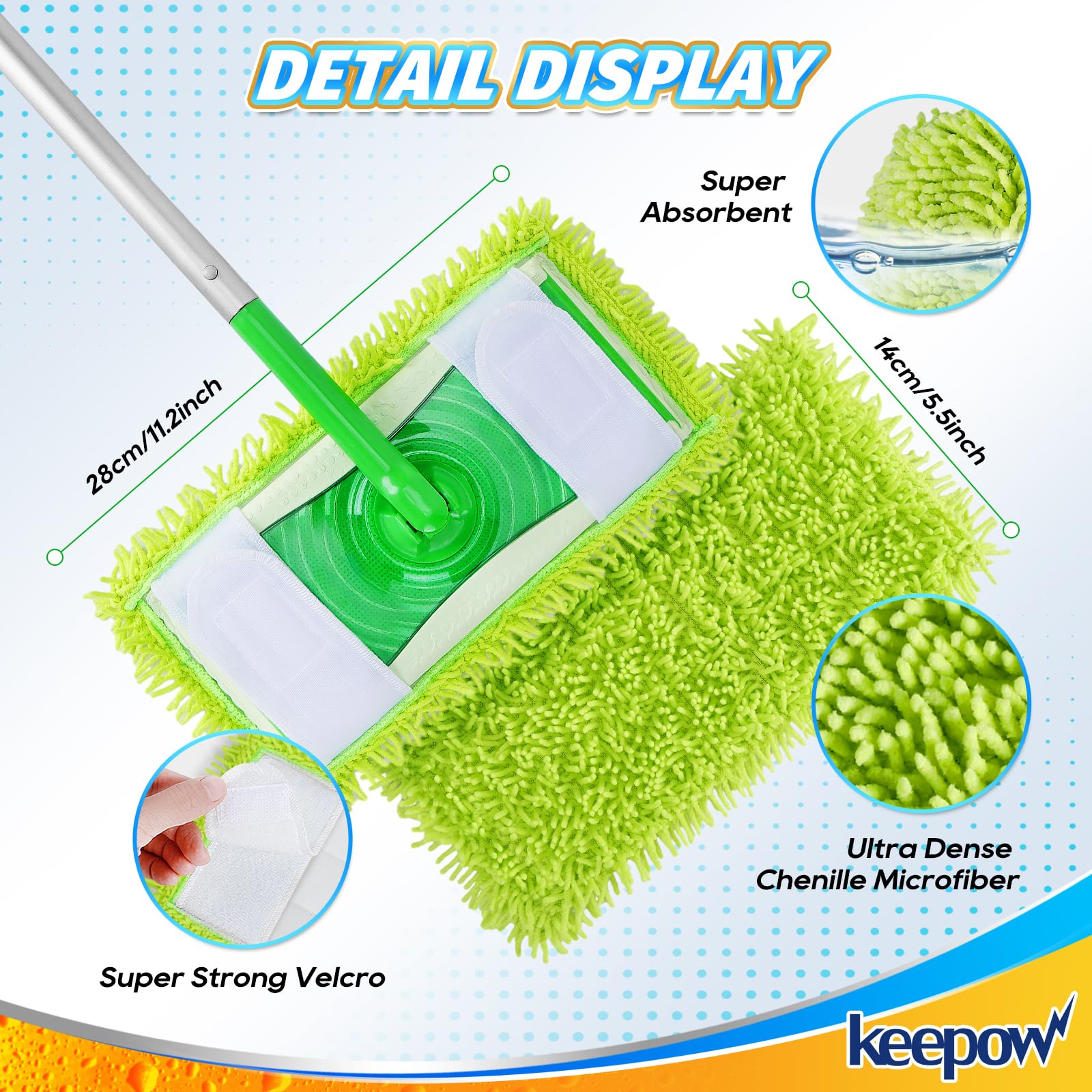 KEEPOW Reusable Microfiber Mop Pads Compatible with Swiffer Sweeper Mop, Washable Wet Mop Refills for Hardwood Floor Cleaning, 4 Pack (Mop is Not Included)