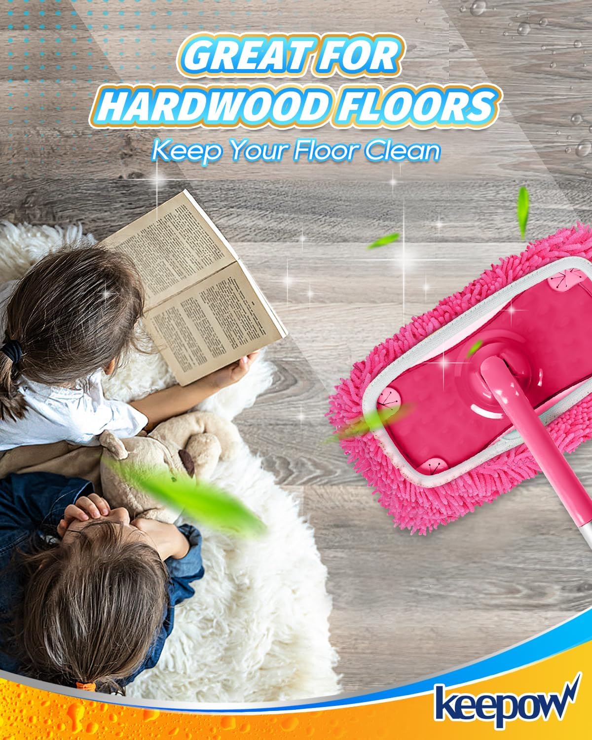KEEPOW Microfiber Chenilles Pads for 10-12 Inches Flat Mop 6 Pcs Pink