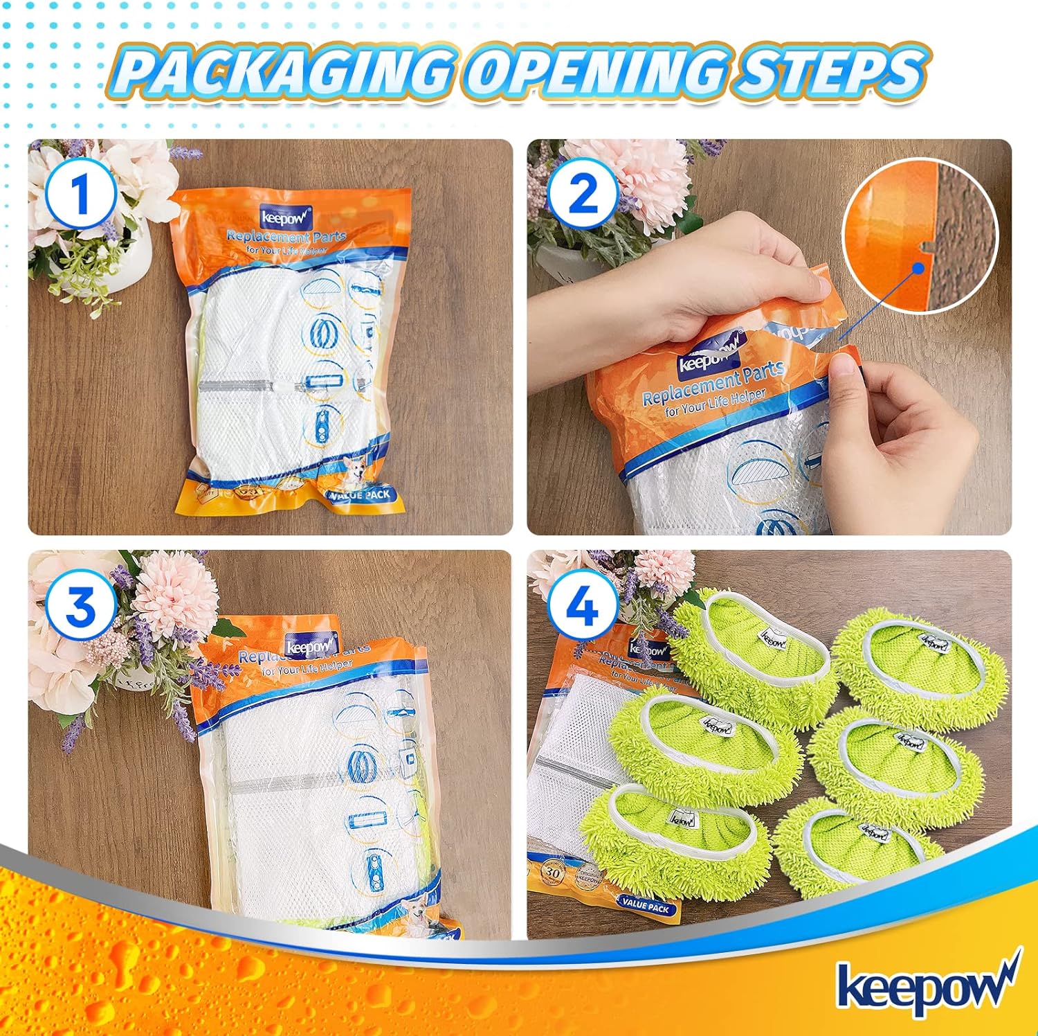 KEEPOW 5701M Microfiber Chenilles Pads for 10-12 Inches Flat Mop 4 Pcs