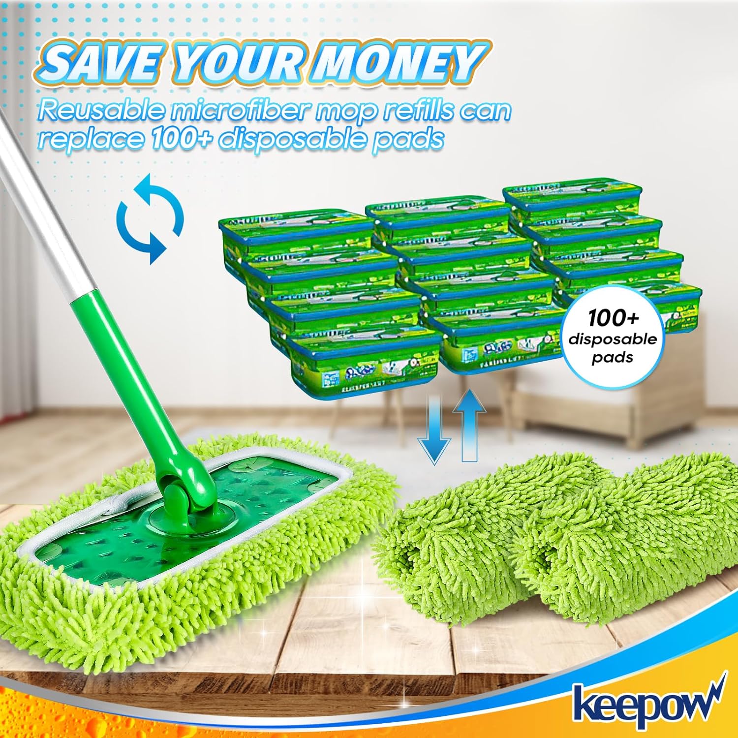 KEEPOW 5701M Reusable Microfiber Mop Pads Compatible with Swiffer Sweeper Mop 8 Pack