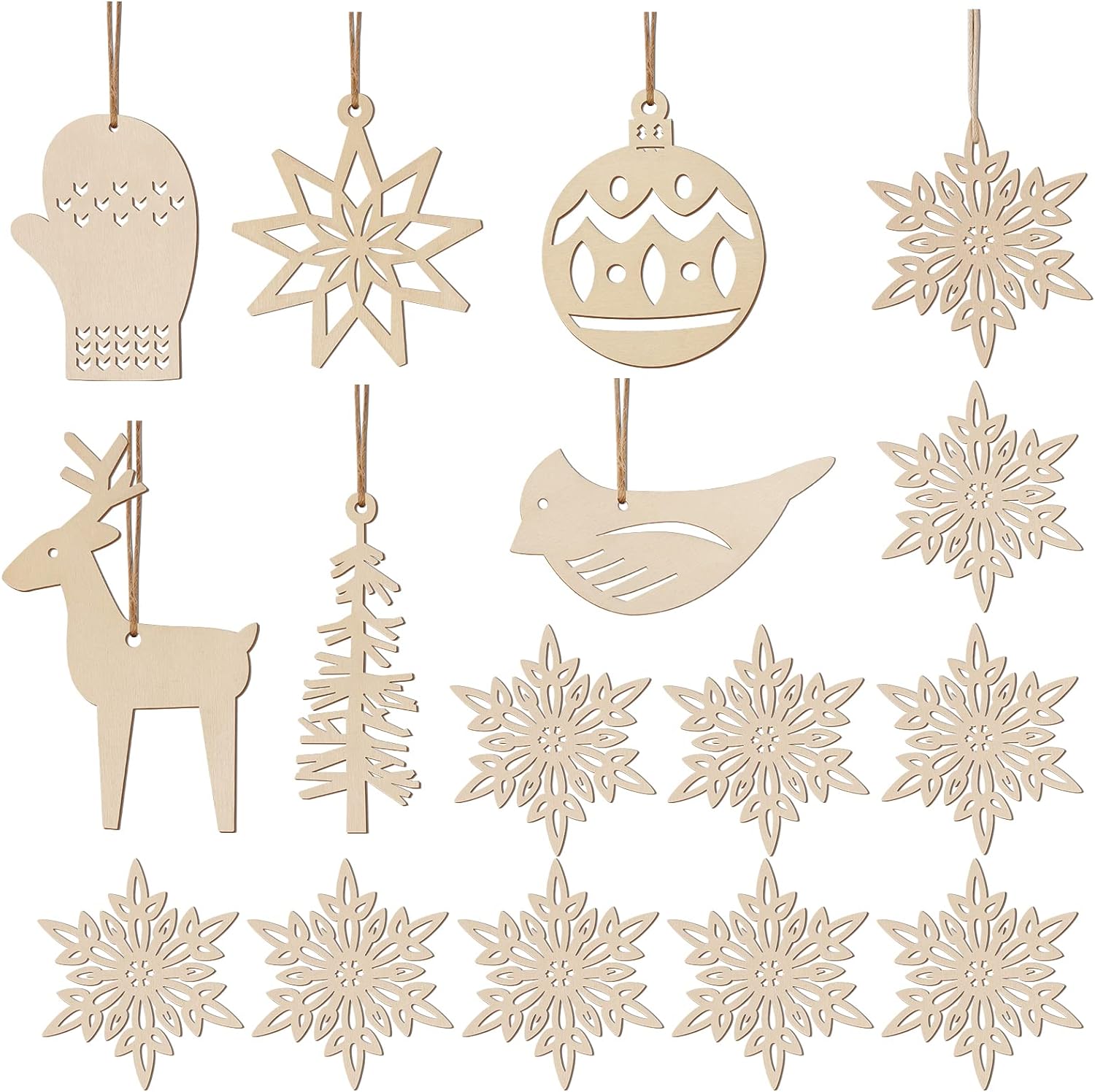 Wooden Christmas Ornaments for Craft, Xmas Tree Hanging Tags Pendant Embellishments Crafts Decor for Christmas Tree Holiday Decorations Wedding Day Gift, Pack of 16
