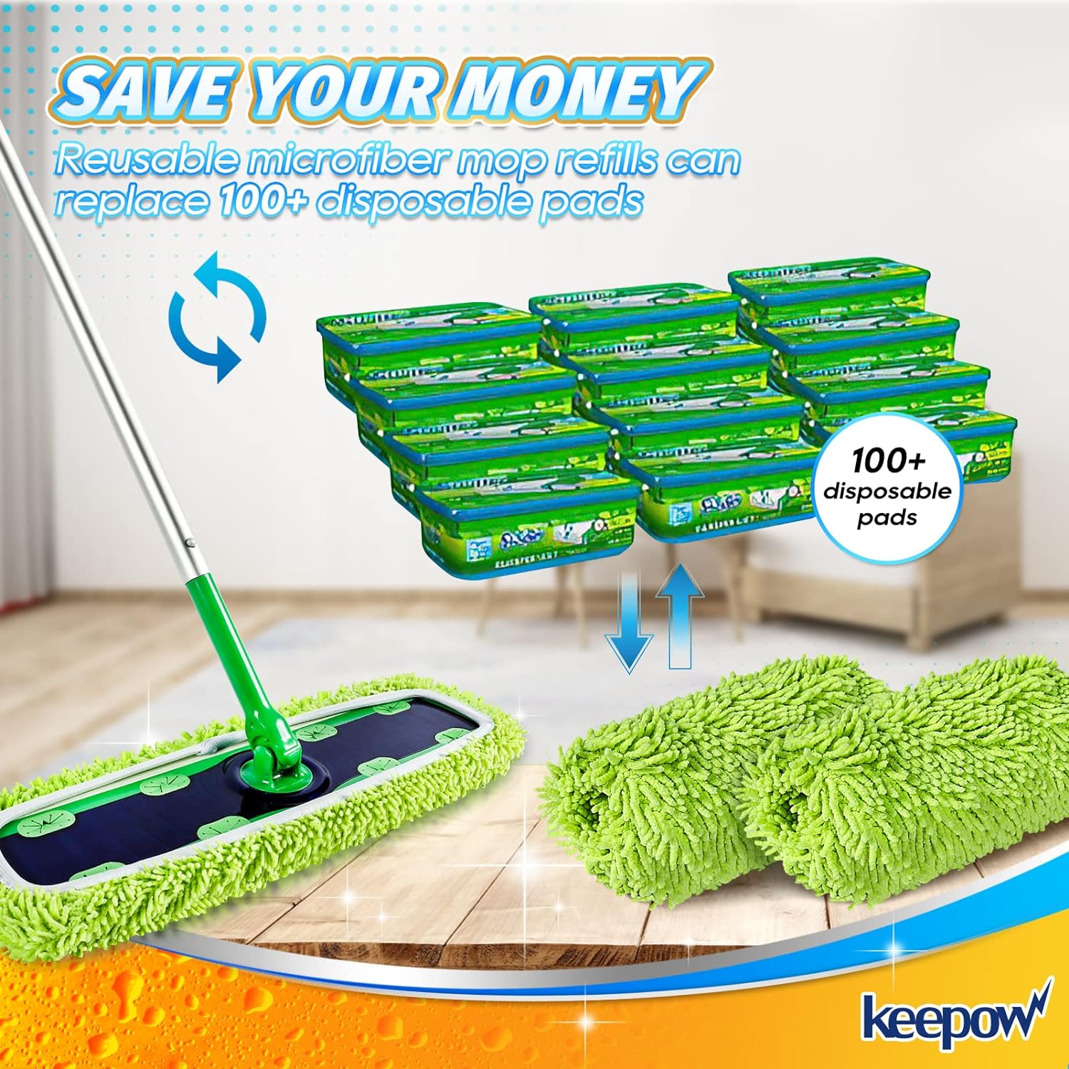 KEEPOW 5702M Reusable XL Wet Pads Refills for Swiffer XL Mop Sweeper, X-Large Dry-Sweeping/Wet-Mopping Microfiber Cloths, 2 Pack