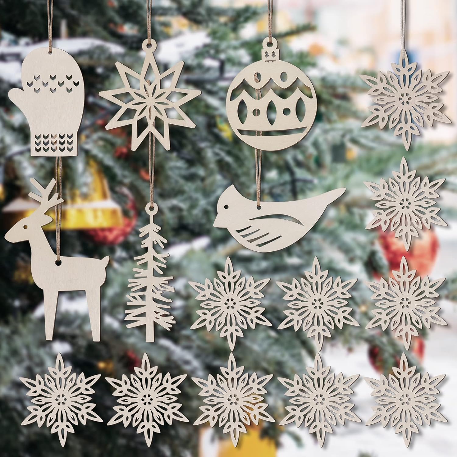 Wooden Christmas Ornaments for Craft, Xmas Tree Hanging Tags Pendant Embellishments Crafts Decor for Christmas Tree Holiday Decorations Wedding Day Gift, Pack of 16