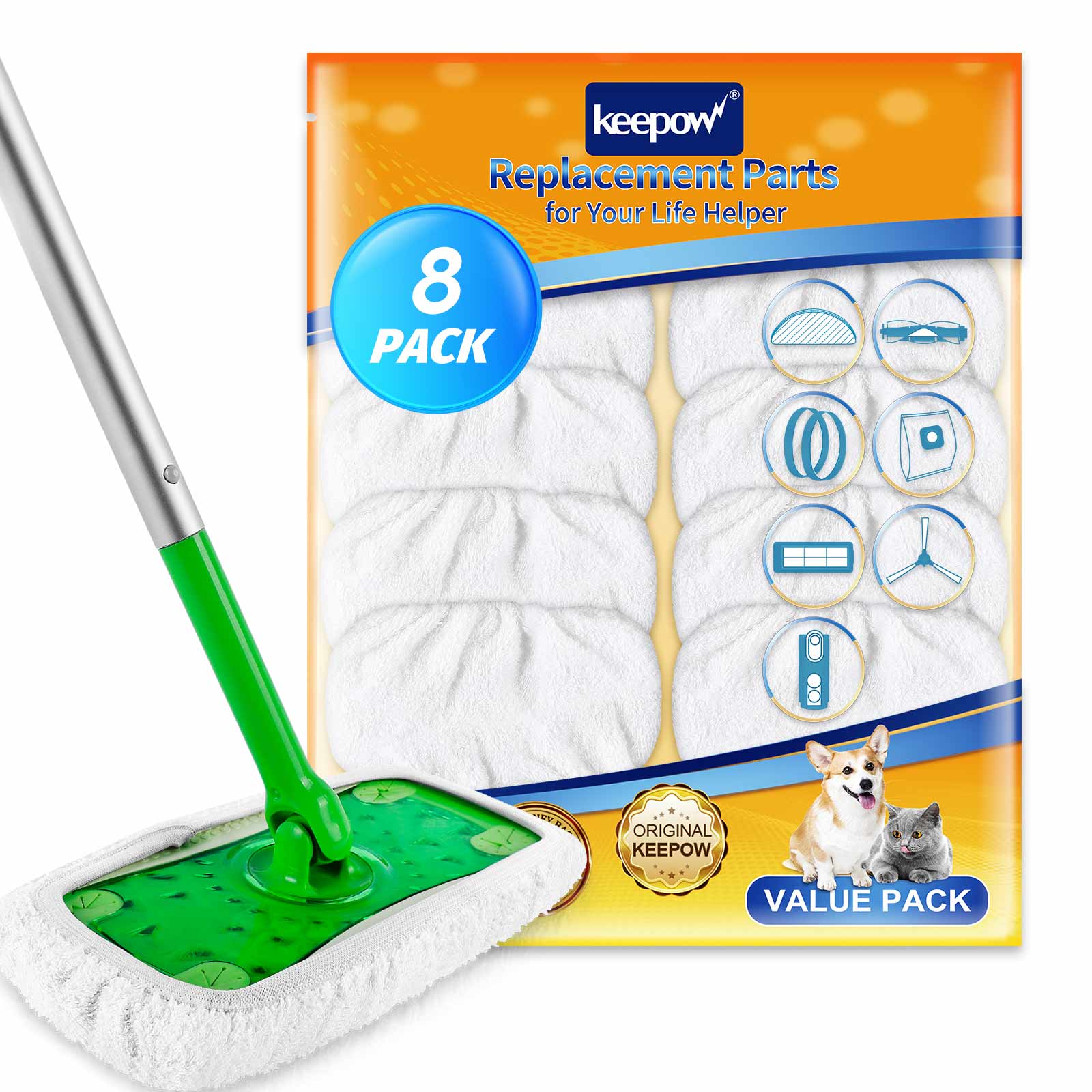 KEEPOW 5701M 8 Pcs Reusable White Pads for Swiffer