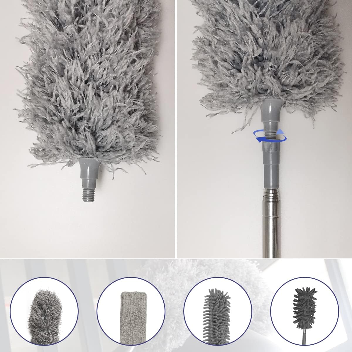 KEEPOW Microfiber Duster Set With Extension Pole, Stainless Steel Extension Pole 85.5 to 256 cm
