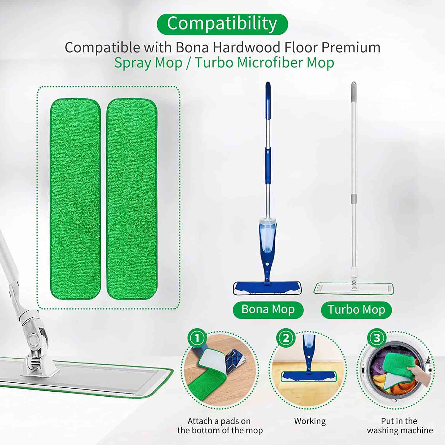 Microfiber Mop Pads for Bona Turbo Microfiber Mop, 18 Inch, Reusable Washable Cleaning Refill, 6 Pack, by KEEPOW