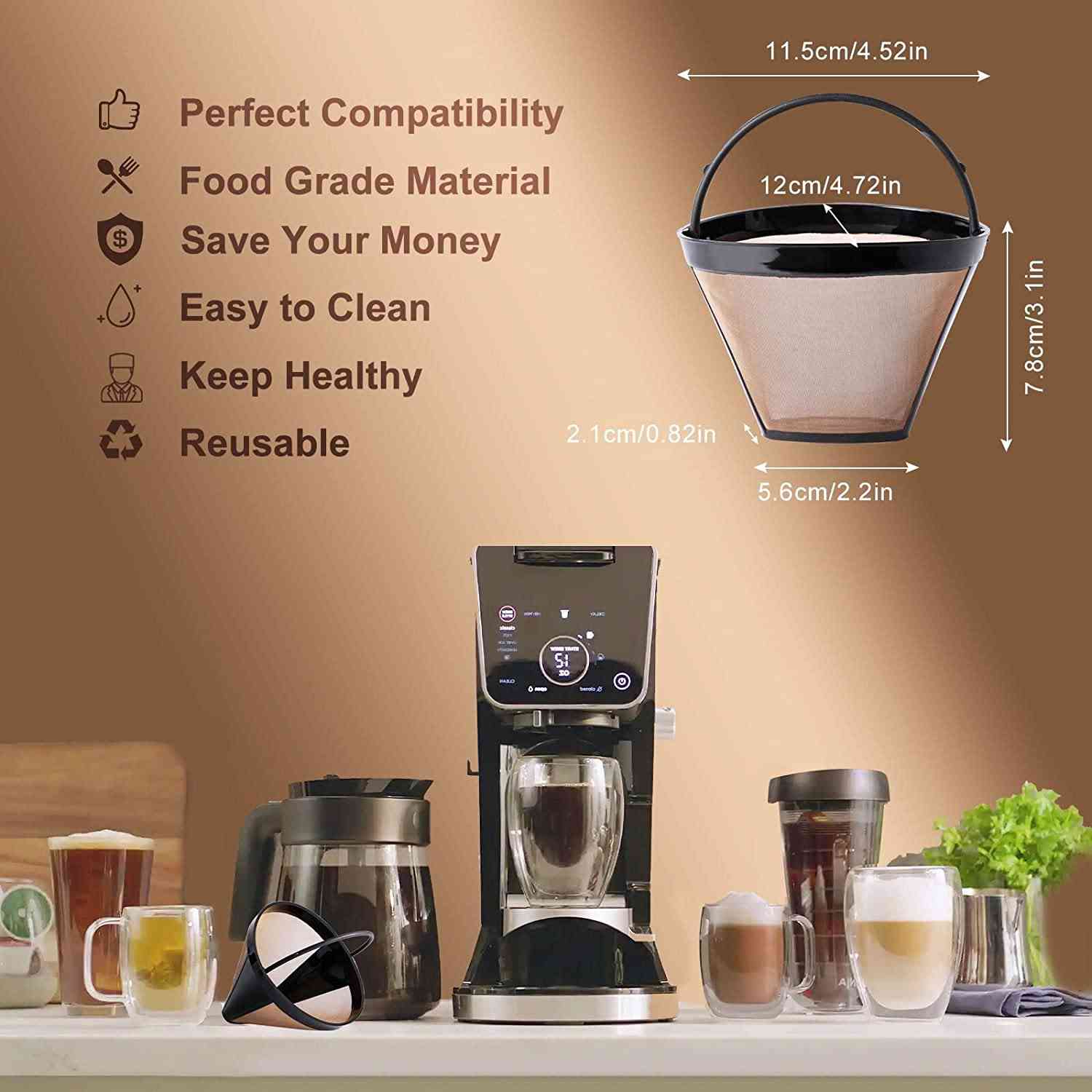 KEEPOW Reusable Cone Coffee Filters #4 (2-pack), 8-12 Cup Gold Permanent Coffee Filter for Cuisinart GTF/ Ninja Dual Brew Pro CFP301/ Hamilton Beach, Size 04 Pour Over Coffee-maker Dripper Accessories