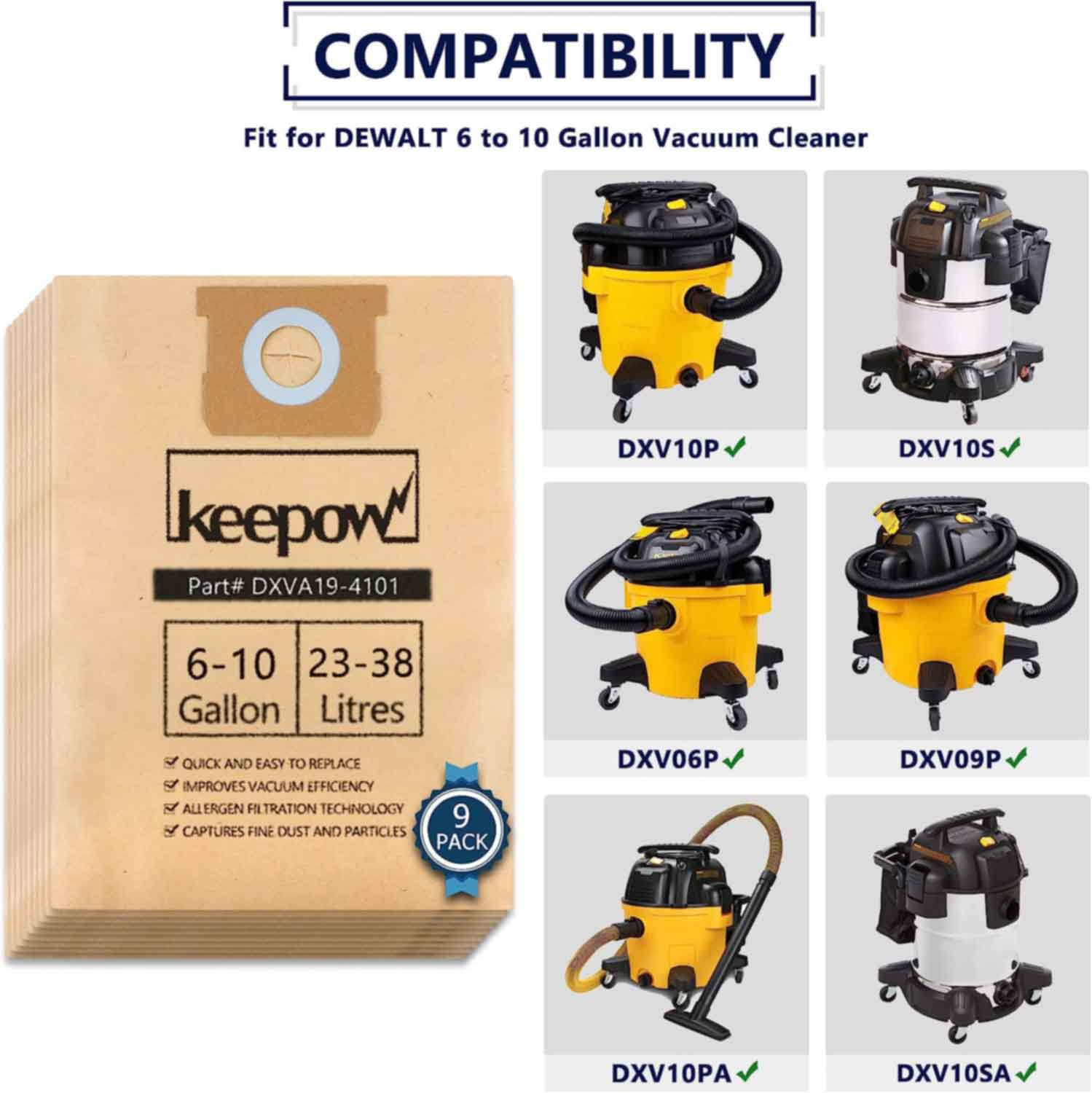 KEEPOW 1201D Bags for DEWALT 6-10 Gallon Vacuum 9 Pcs