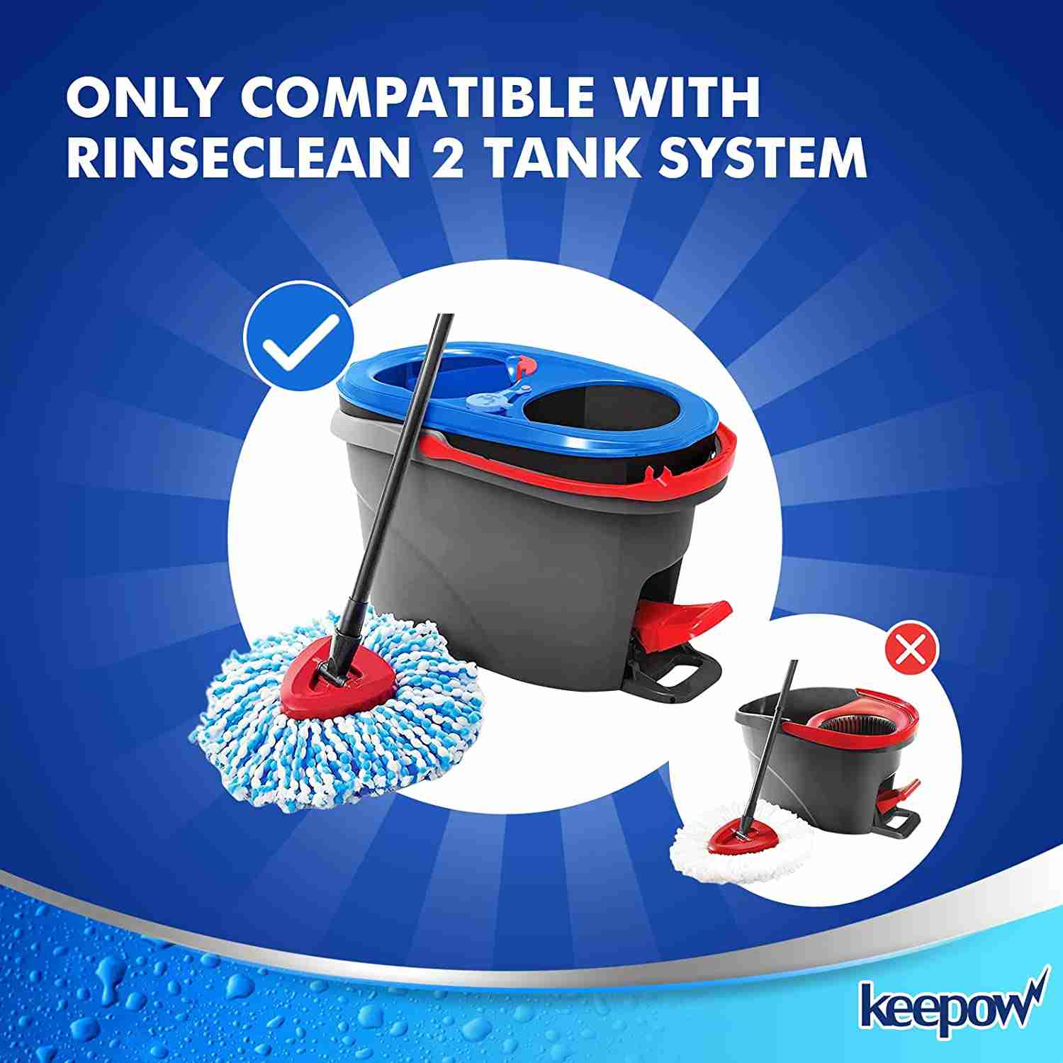 KEEPOW RinseClean Spin Mop Replacement Head, 6 Pack Microfiber Mop Refills Compatible with EasyWring RinseClean 2 Tank System for Floor Cleaning, Blue and White