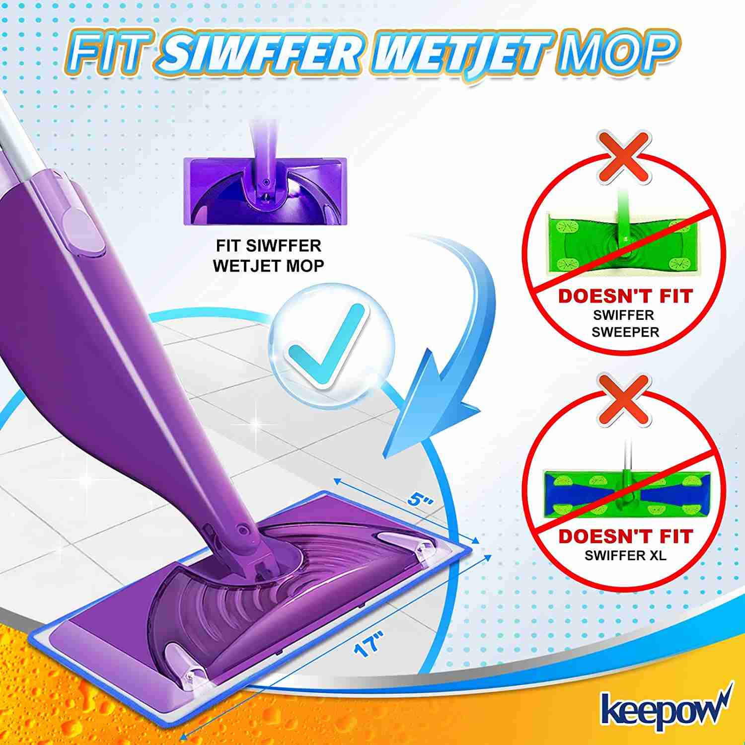 KEEPOW Reusable Wet Jet Pads Compatible with Swiffer Wet Jet Mop, 5 Pack