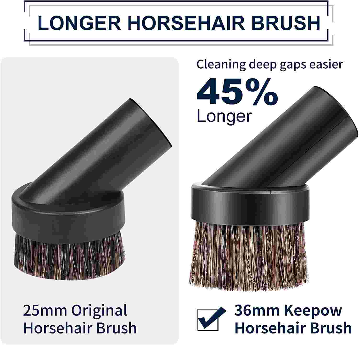 KEEPOW 36mm Horse Hair Vacuum Attachment Brush With Universal Connector Fit for 25mm/1", 32mm/1-1/4", 35mm/1-3/8" Hose