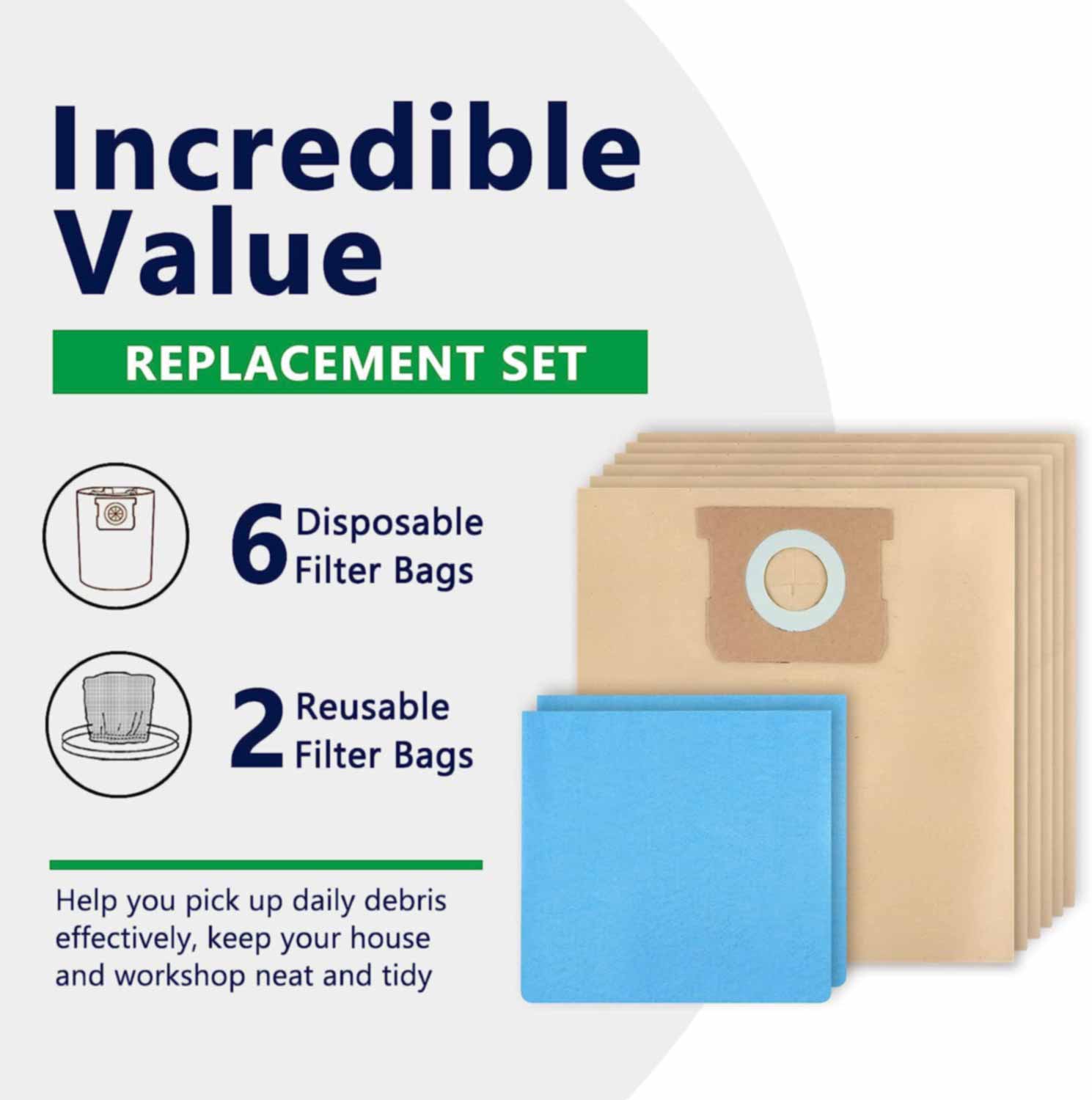 KEEPOW Shop Vac Bags Compatible with Stanley 5 to 6 Gallon wet dry vacuum