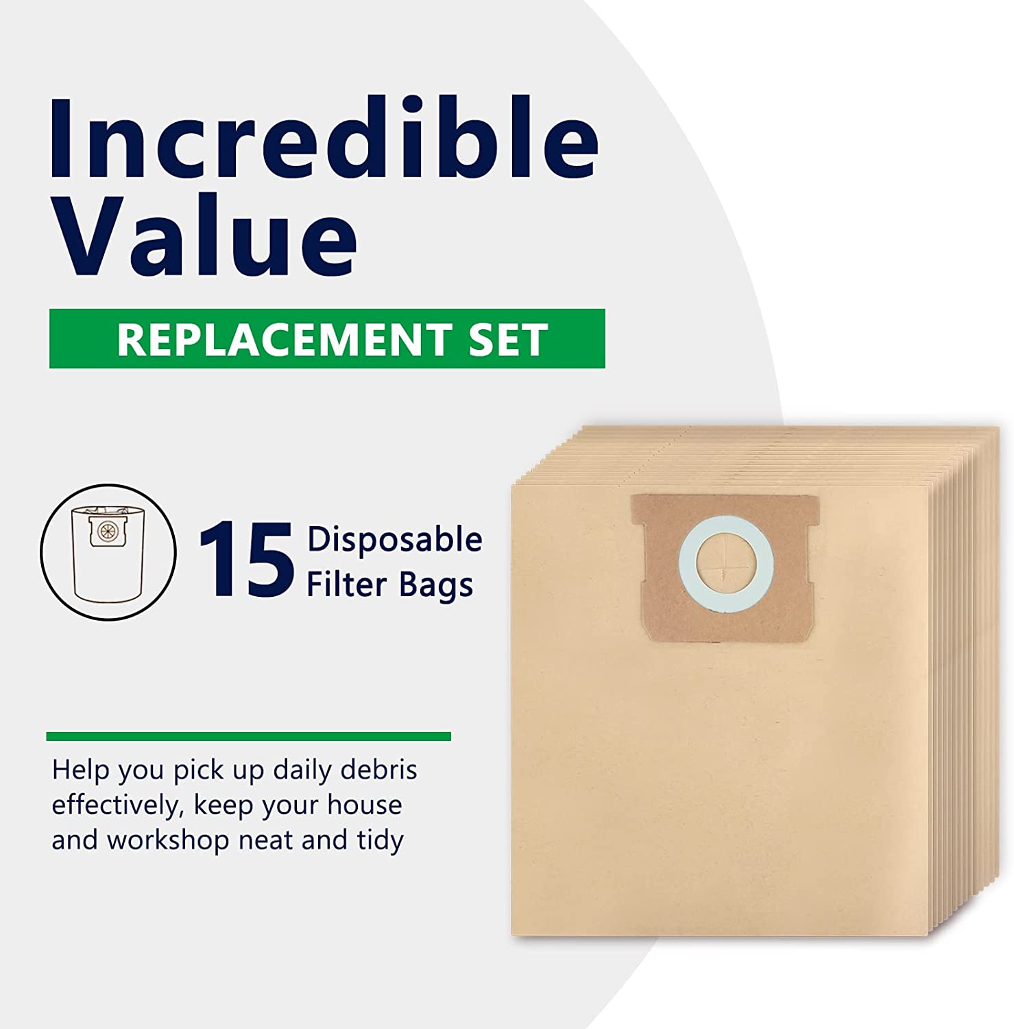 KEEPOW Shop Vac Bags for Stanley 5 to 6 Gallon wet dry vacuum, 15 Pack Disposable Filter Bags, Part# 19-3100