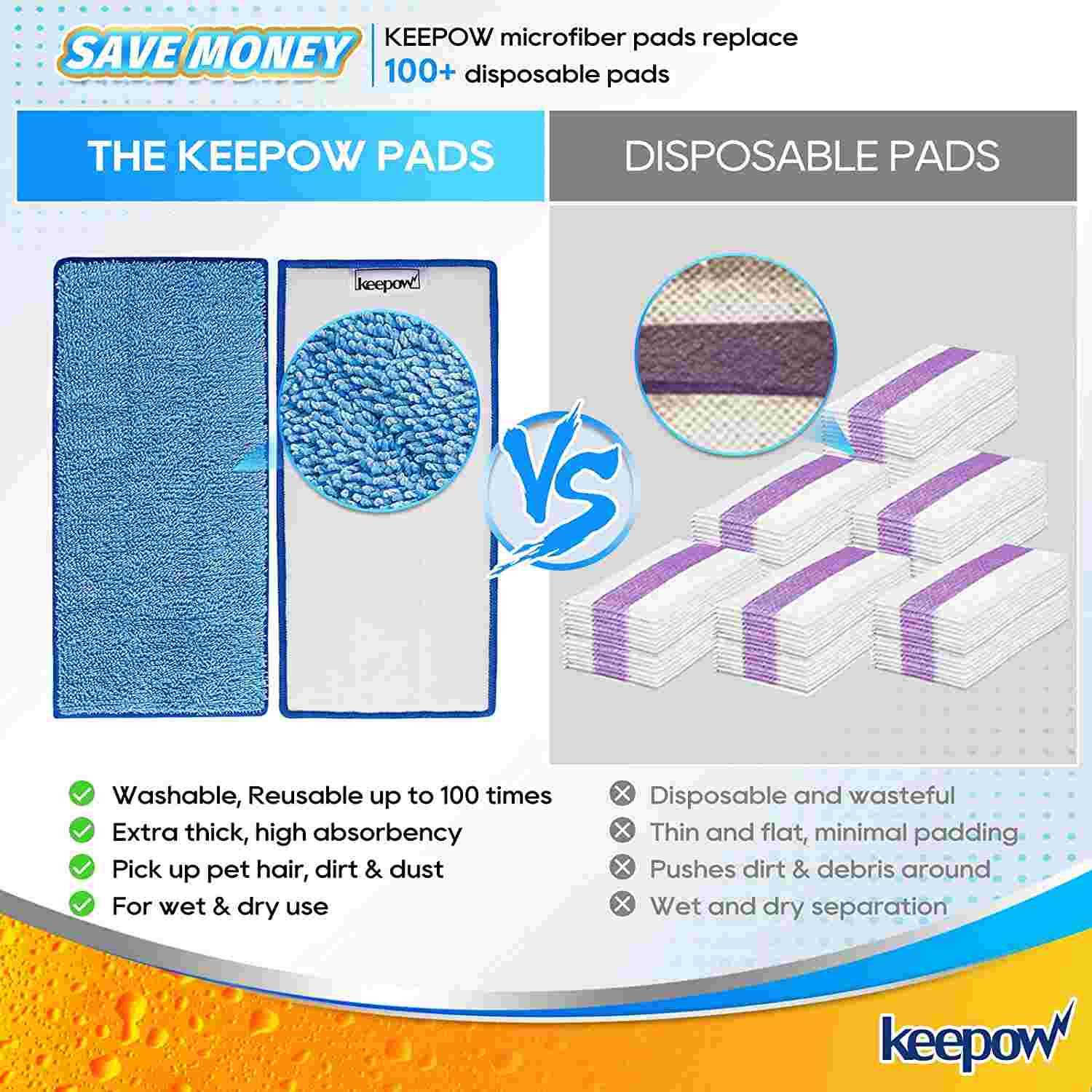 KEEPOW Microfiber Mop Refill for Wet Mopping Cloths, Washable Replacement Refills for Hardwood Floor Cleaning, 5 Pack