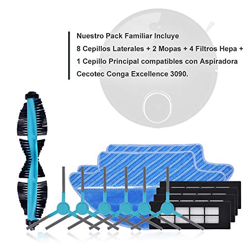 KEEPOW 15 Pack Kit Accesorios for Cecotec Conga Excellence 3090 Robot Vacuum Cleaner, Replacement Parts 4 Hepa Filters 8 Side Brushes 2 Mops 1 Main Brush