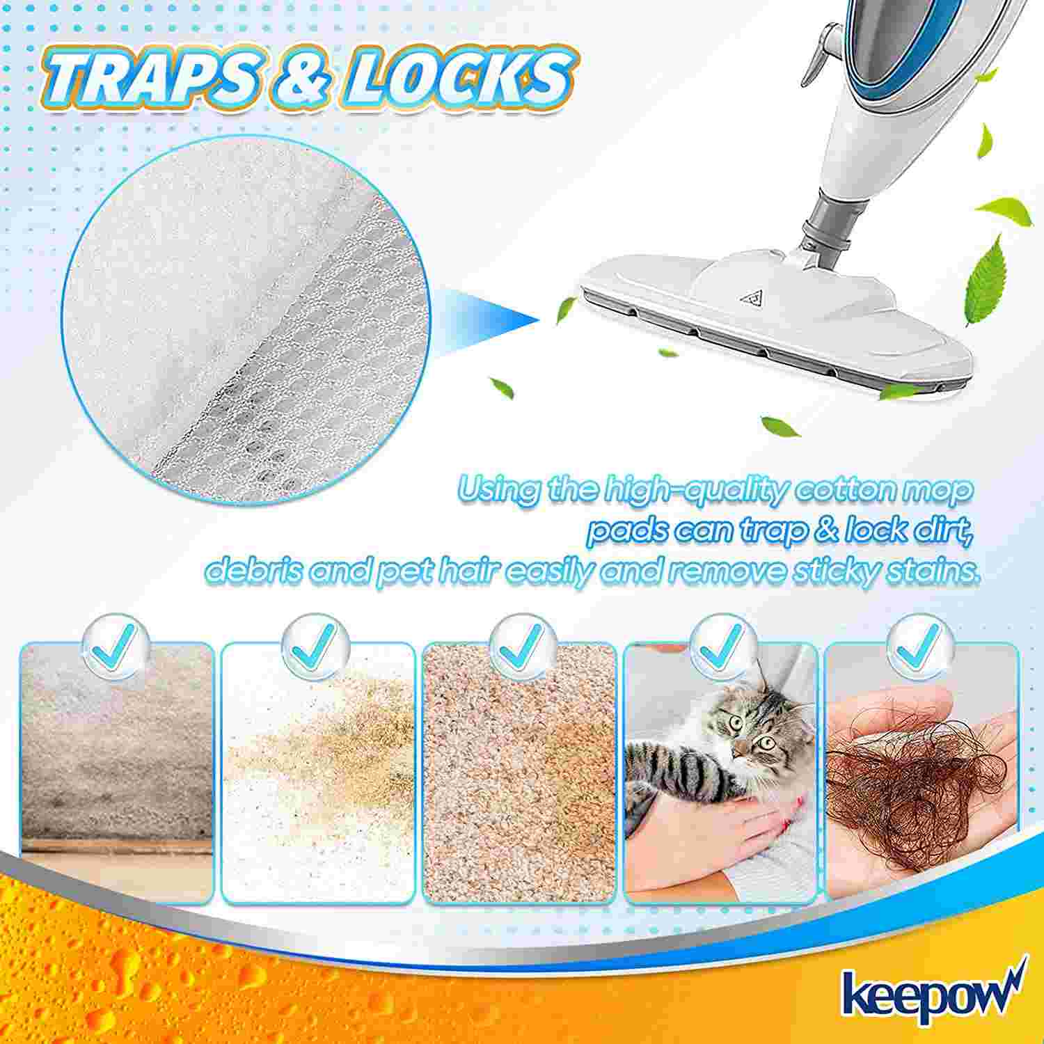 Keepow Washable/Reusable Microfiber Replacement Mopping Pads, 5 Pack