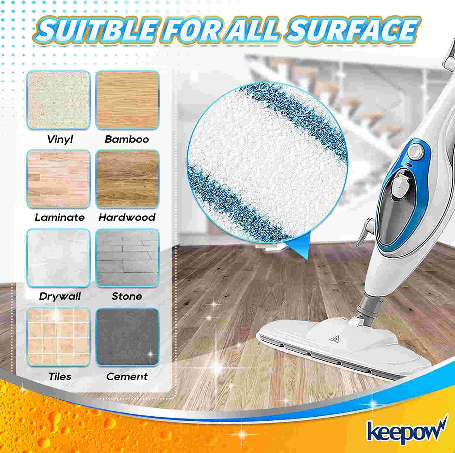 KEEPOW Reusable 8 Pack Microfiber Steam Mop Pads PurSteam ThermaPro 10-in-1