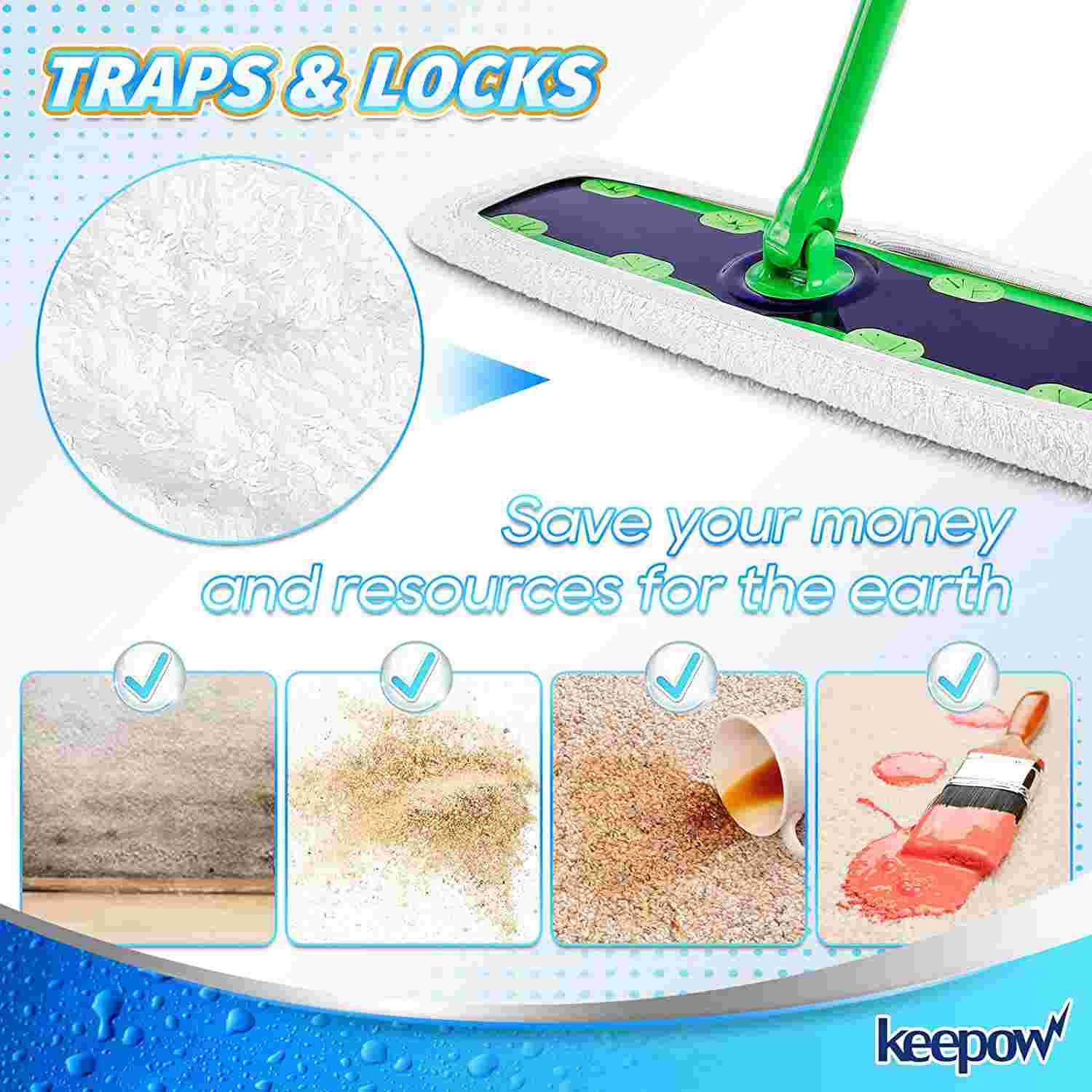 KEEPOW Washable Cotton Mopping Pads for Surface/Hardwood Floor Cleaning (6 Pack)