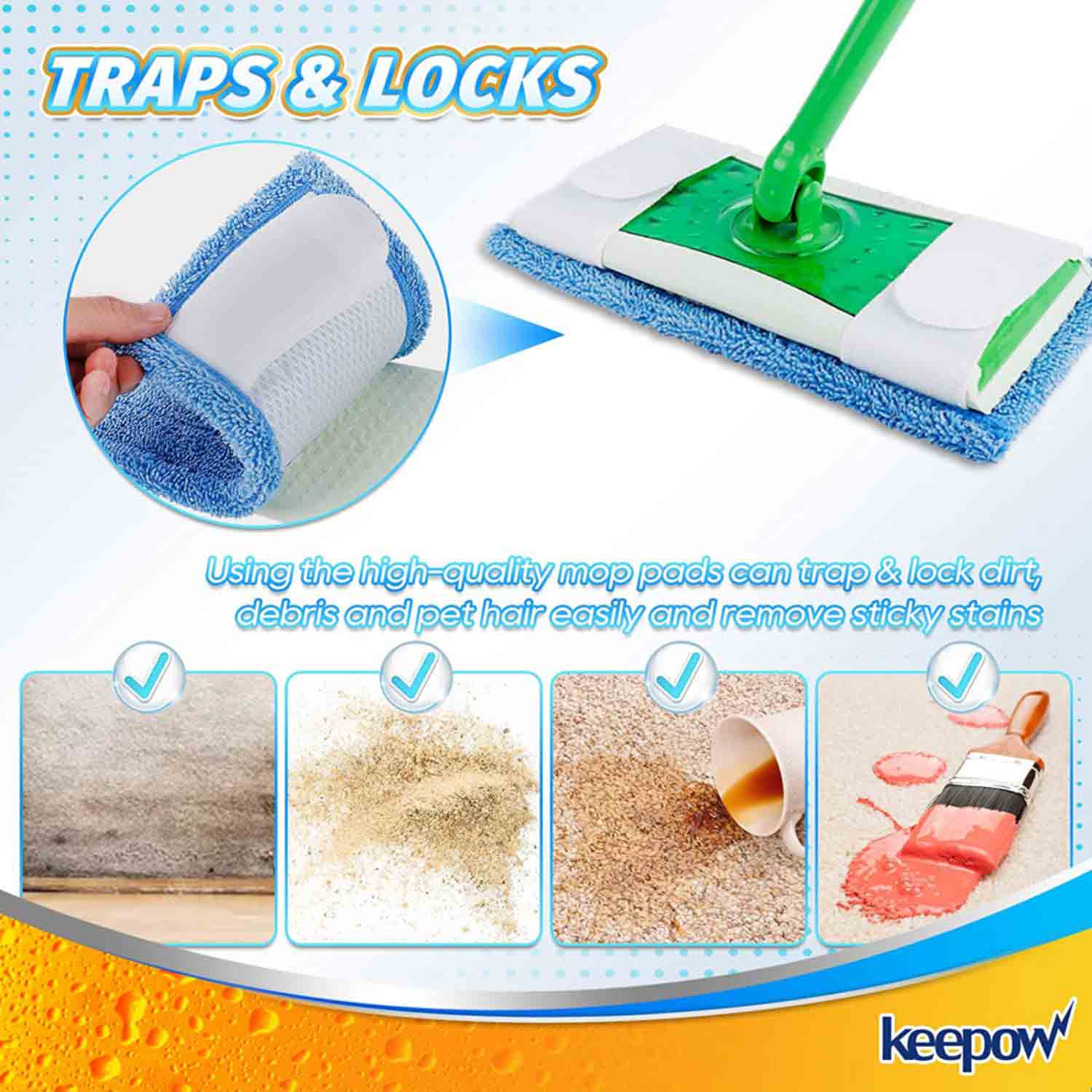 KEEPOW 5701M Blue Microfiber Pads for All 10-12 Inches Flat Mop 4 Pcs