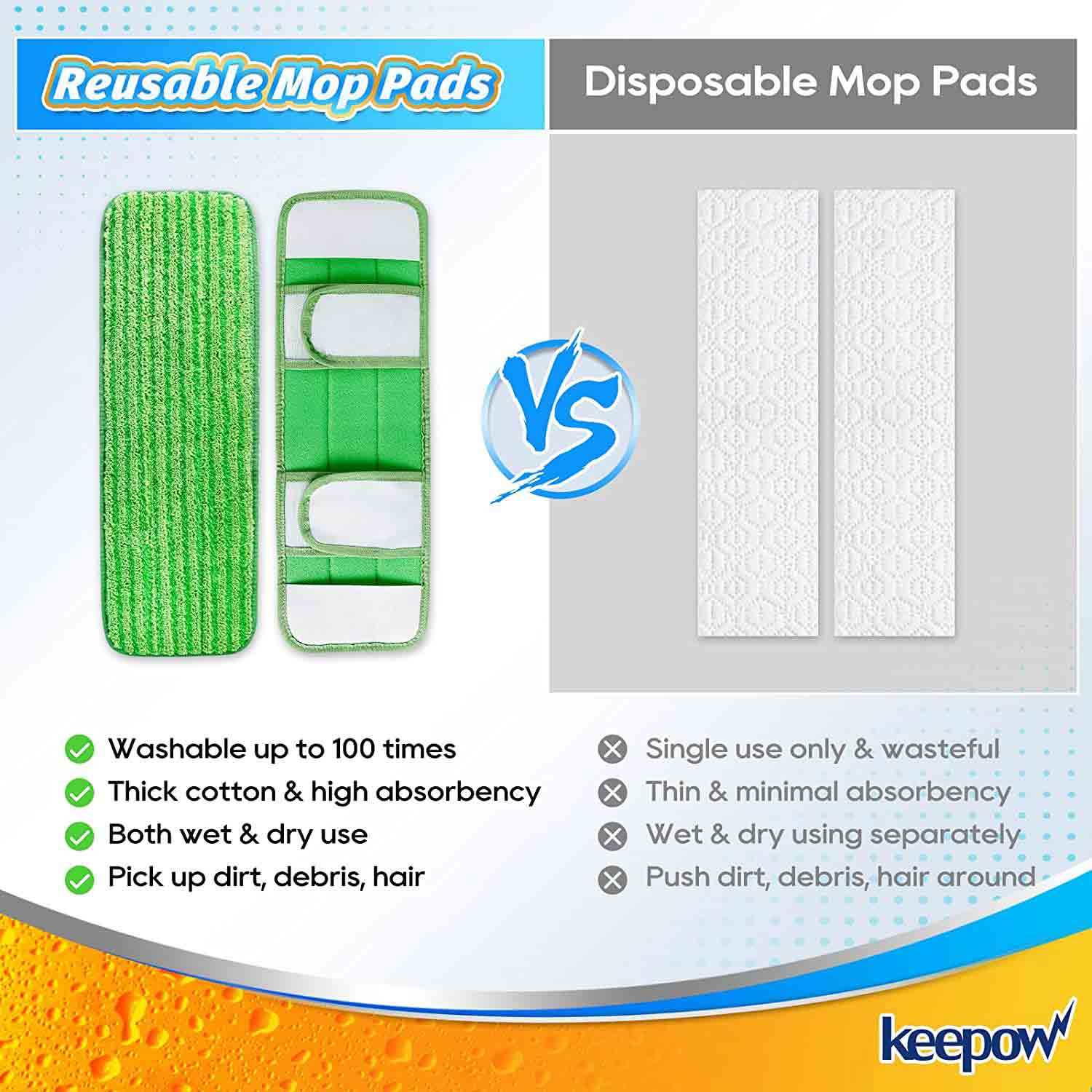 KEEPOW 5702M Green Microfiber Pads for All 17*5 Inches Flat Mop 4 Pcs