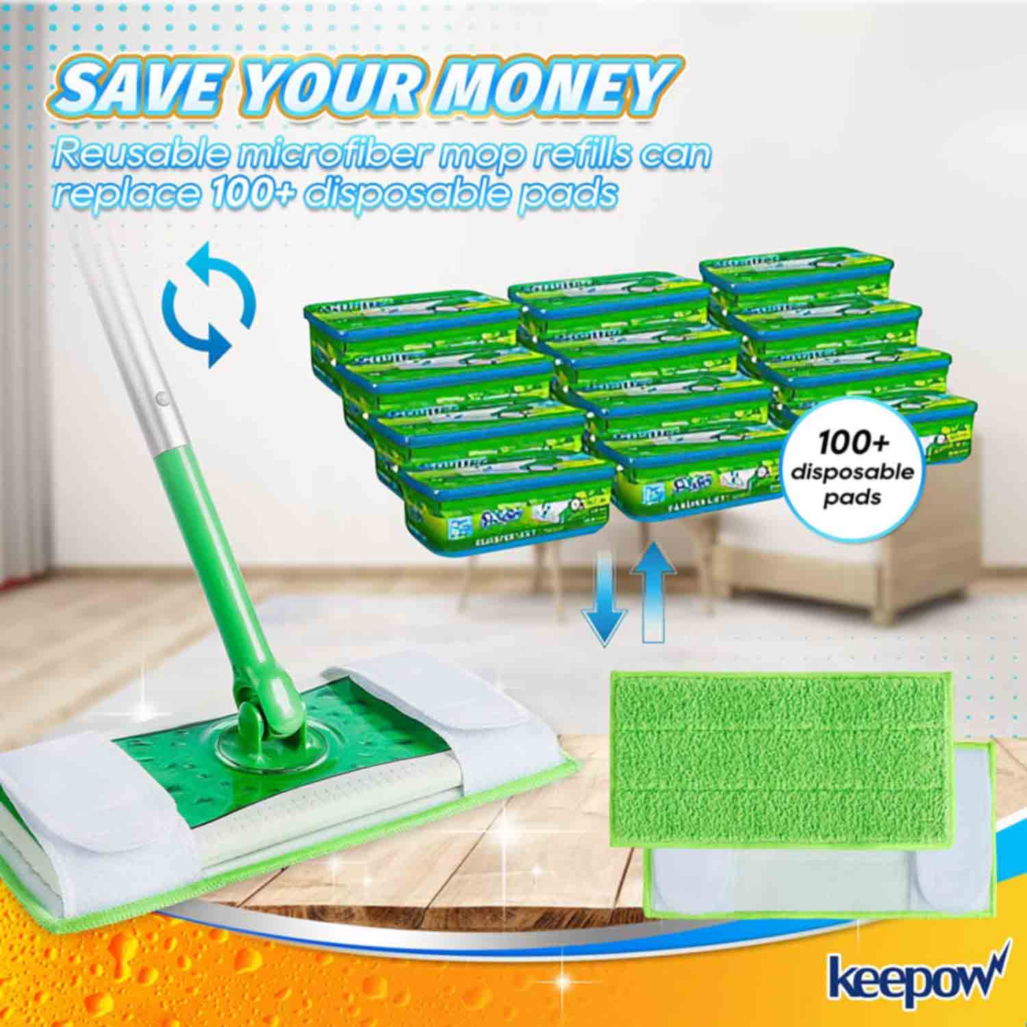 KEEPOW 5701M Green Pads for All 10-12 Inches Flat Mop 4 Pcs