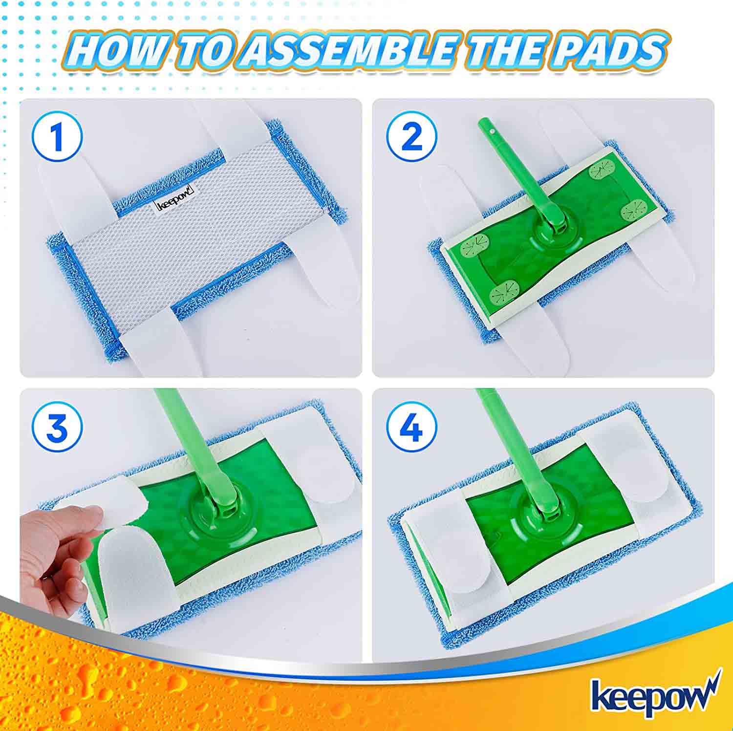 KEEPOW 5701M Blue Microfiber Pads for All 10-12 Inches Flat Mop 4 Pcs