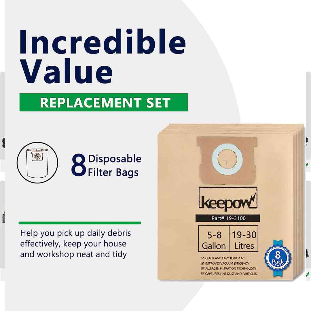 KEEPOW 5602D Shop Vac Bags for Stanley 5 to 6 Gallon Vacuum 8 Pcs