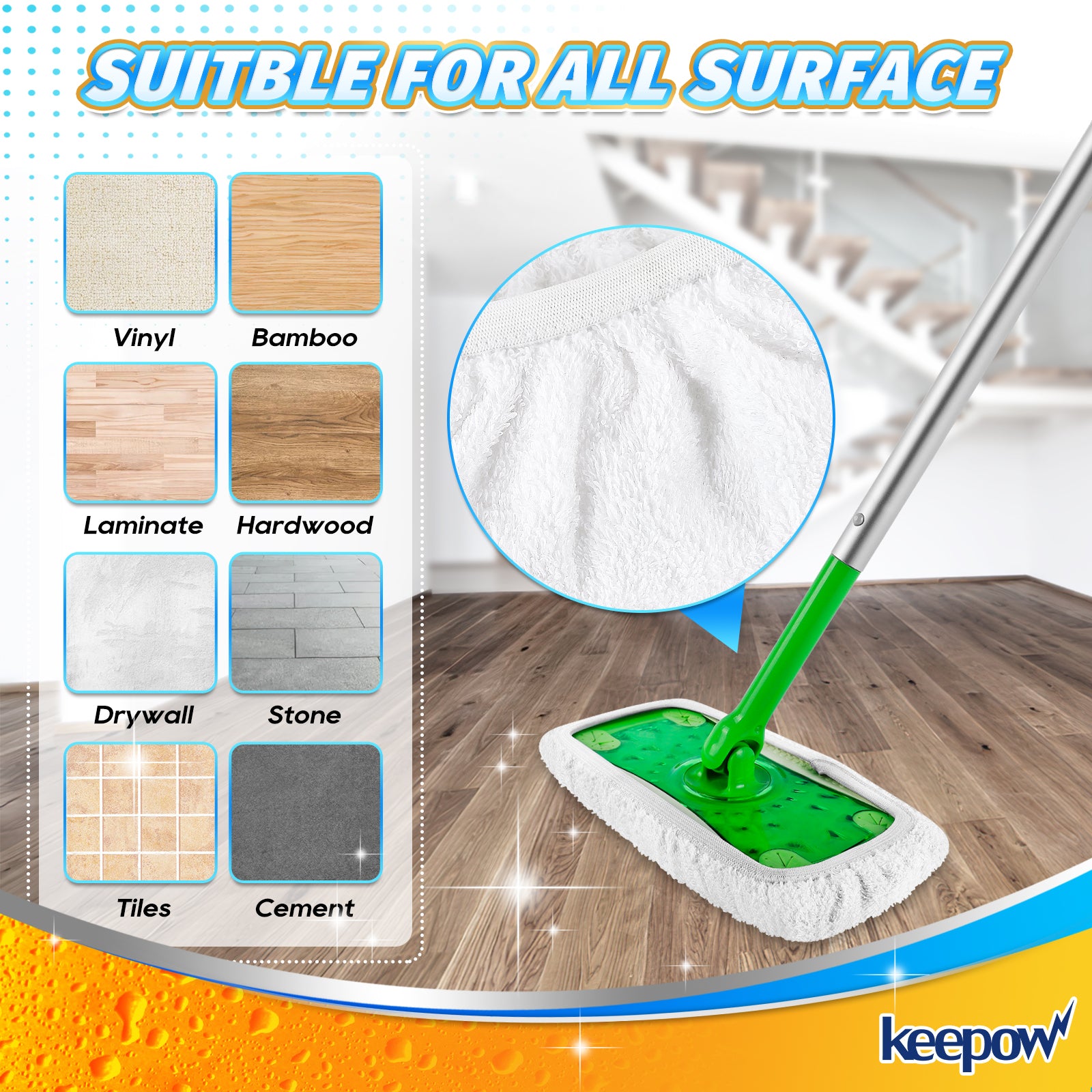 KEEPOW 5701M Reusable Pads for All 10-12 Inches Flat Mop 4 Pcs