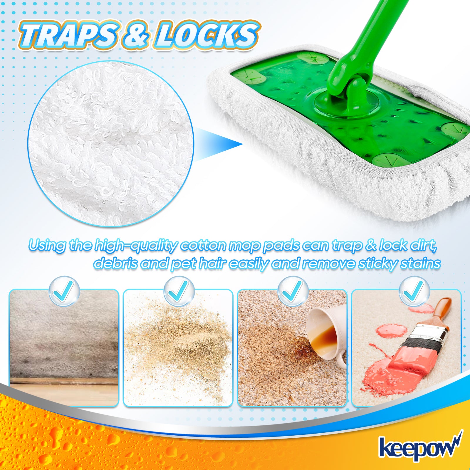 KEEPOW 5701M Reusable Pads for All 10-12 Inches Flat Mop 4 Pcs