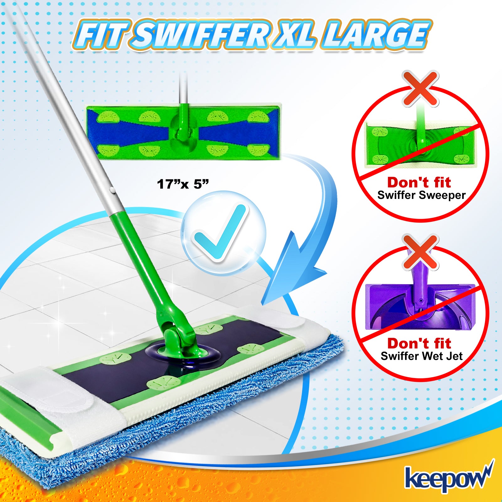 KEEPOW 5702M Blue Reusable Pads for All 17*5 Inches Flat Mop 4 Pcs