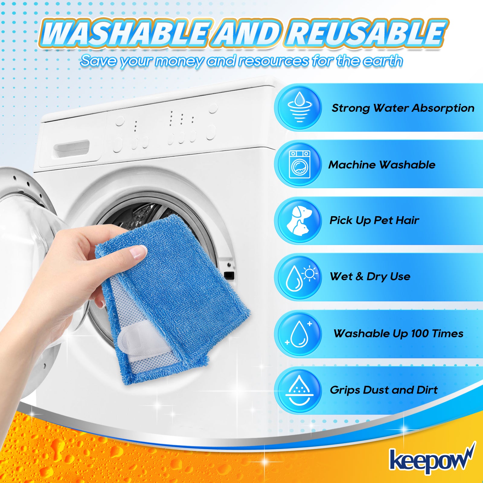KEEPOW 5702M Blue Reusable Pads for All 17*5 Inches Flat Mop 4 Pcs