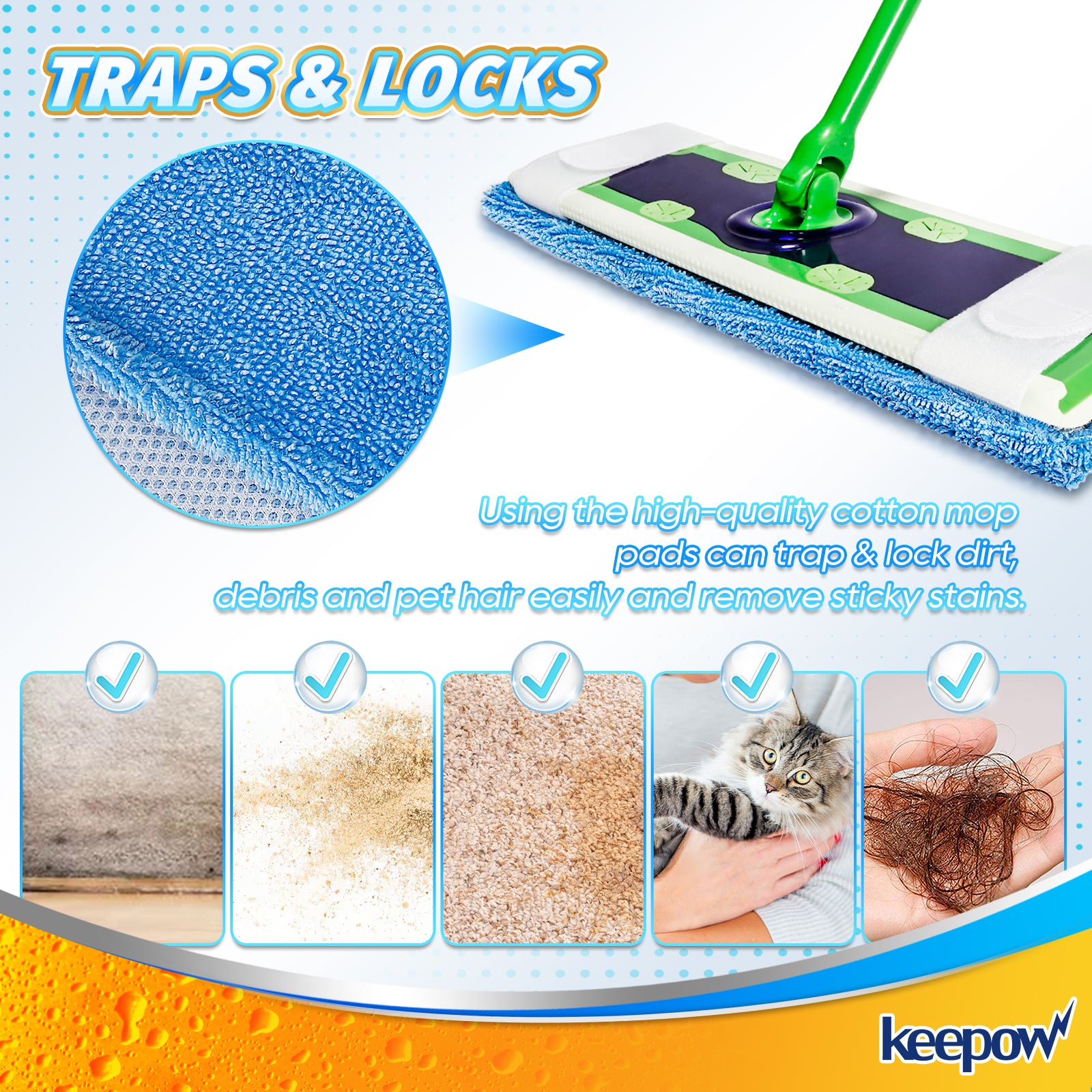 KEEPOW 5702M Blue Reusable Pads for All 17*5 Inches Flat Mop 4 Pcs