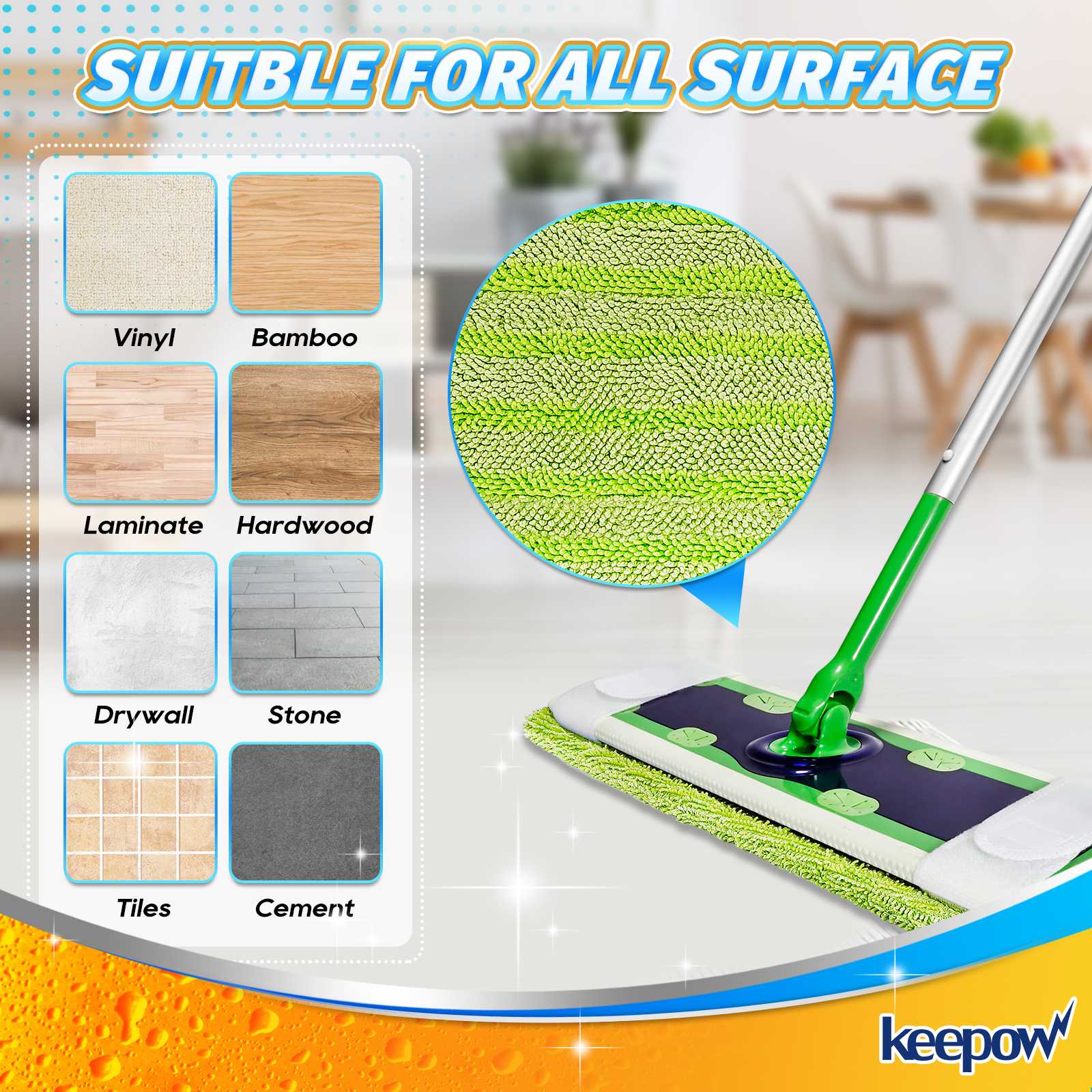 KEEPOW 5702M Green Reusable Pads for All 17*5 Inches Flat Mop 4 Pcs